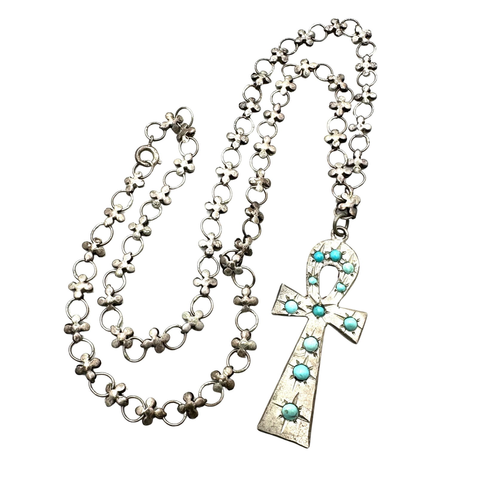 Vintage Egyptian Revival Turquoise Ankh Pendant Fancy Chain Sterling SilverNecklace 18 Inch 13 Grams (1 of 2)