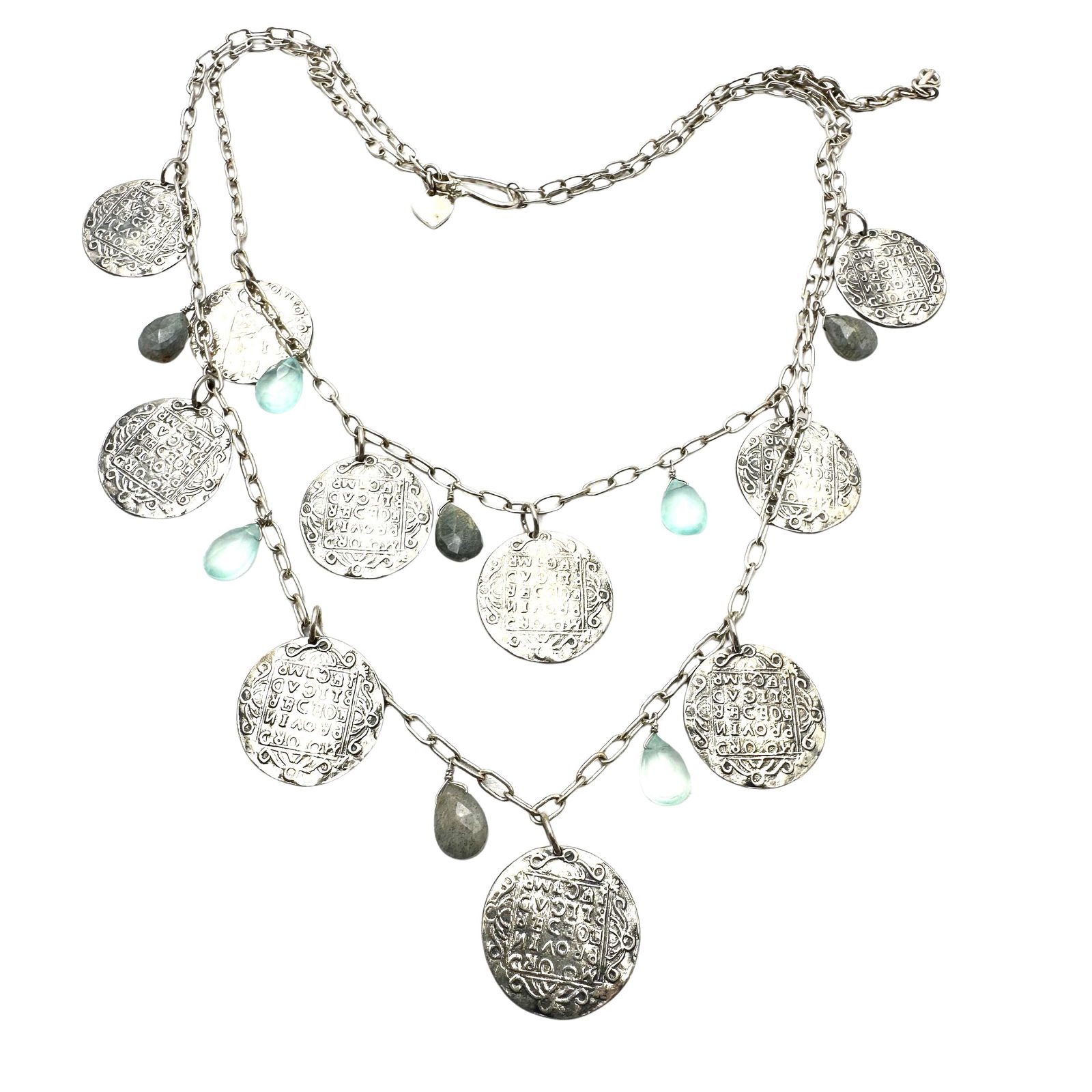 Coins and Green Gemstone Briolette Sterling Silver Multi Strand Necklace 16 Inch 44 Grams (1 of 2)