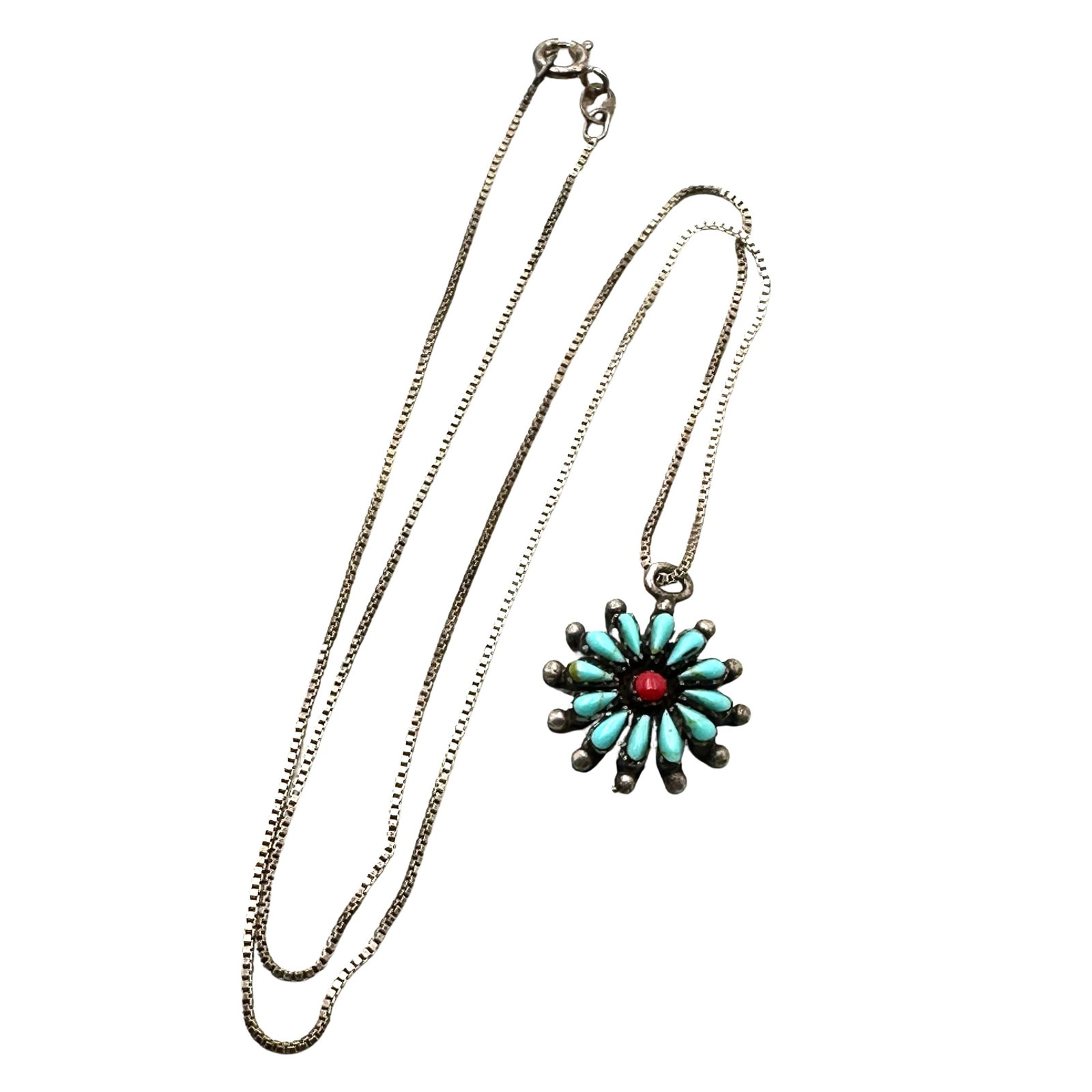 Vintage Native American Petit Point Turquoise Coral Pendant 18 Inch Chain: Vintage Native American Petit Point Turquoise Coral Pendant 18 Inch Chain