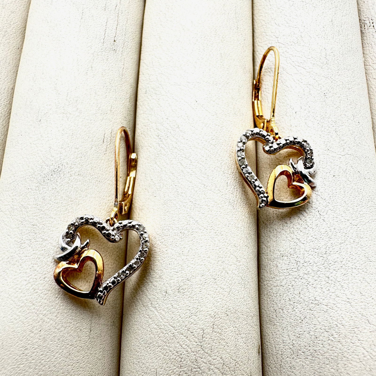 Diamond Double Hearts Gold Over Sterling Silver Pierced Earrings 1 Inch: Diamond Double Hearts Gold Over Sterling Silver Pierced Earrings 1 Inch