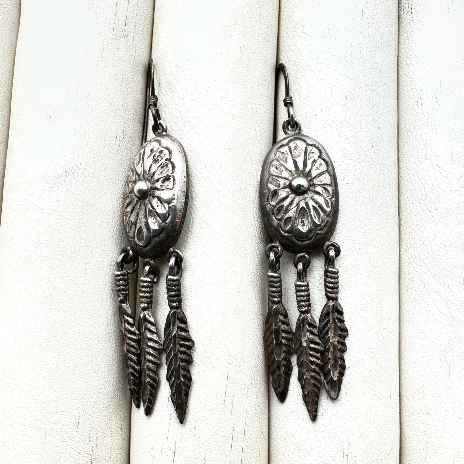 Vintage American Southwest Sterling Silver Concho Feather Pierced Earrings 2 Inch: Vintage American Southwest Sterling Silver Concho Feather Pierced Earrings 2 Inch