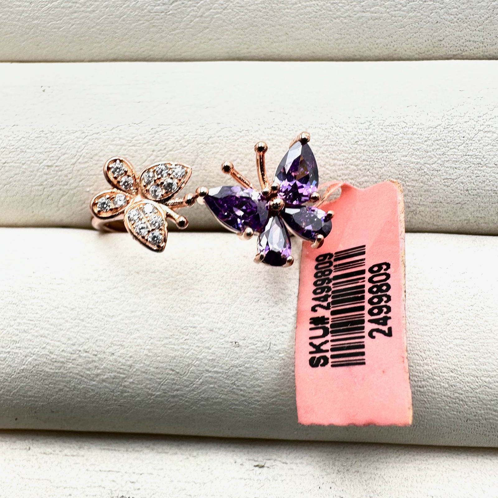 Purple and Clear Gemstone Butterfly Design Rose Gold Over Sterling Silver Ring Size Adjustable Set (1 of 2)