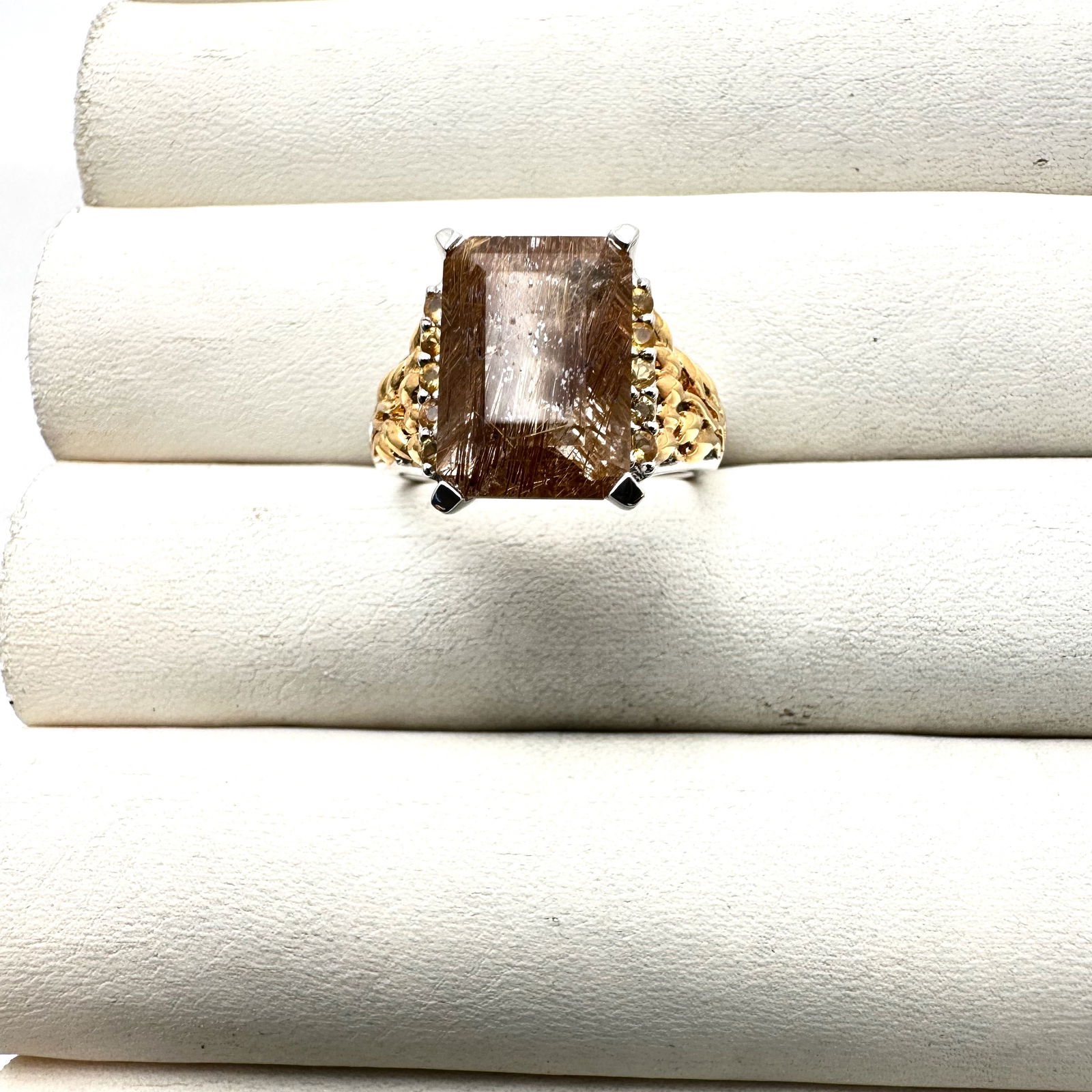Gold Rutilated Quartz Gemstone Gold Accents Sterling Silver Ring Size 10 (1 of 2)