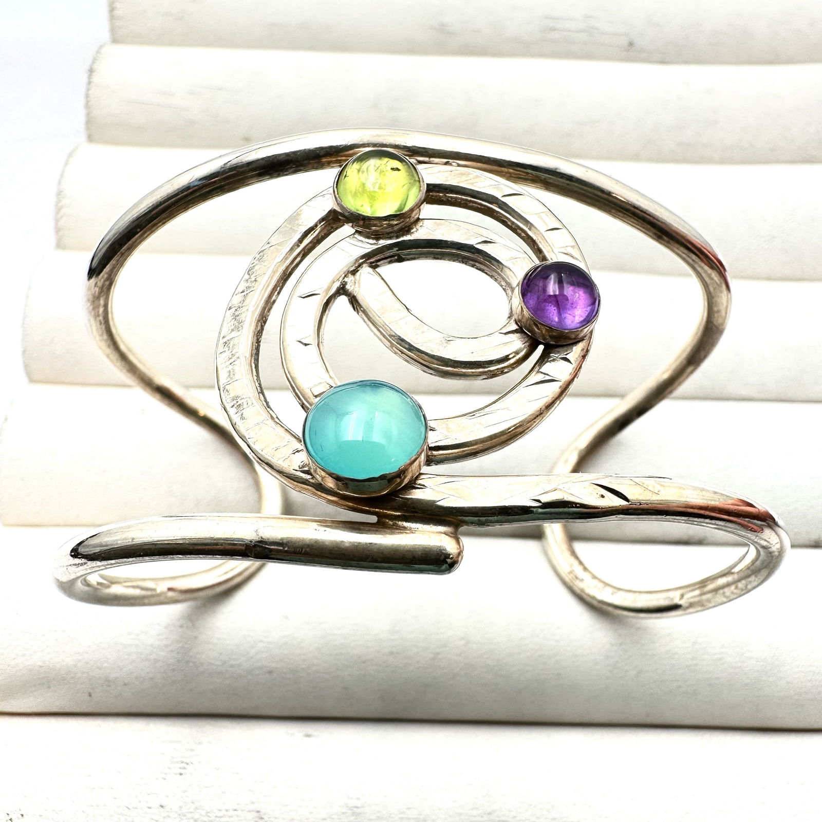 Multi Gemstone Sterling Silver Cuff Bracelet Size 6 3/4 Inch Weight 41 Grams (1 of 2)