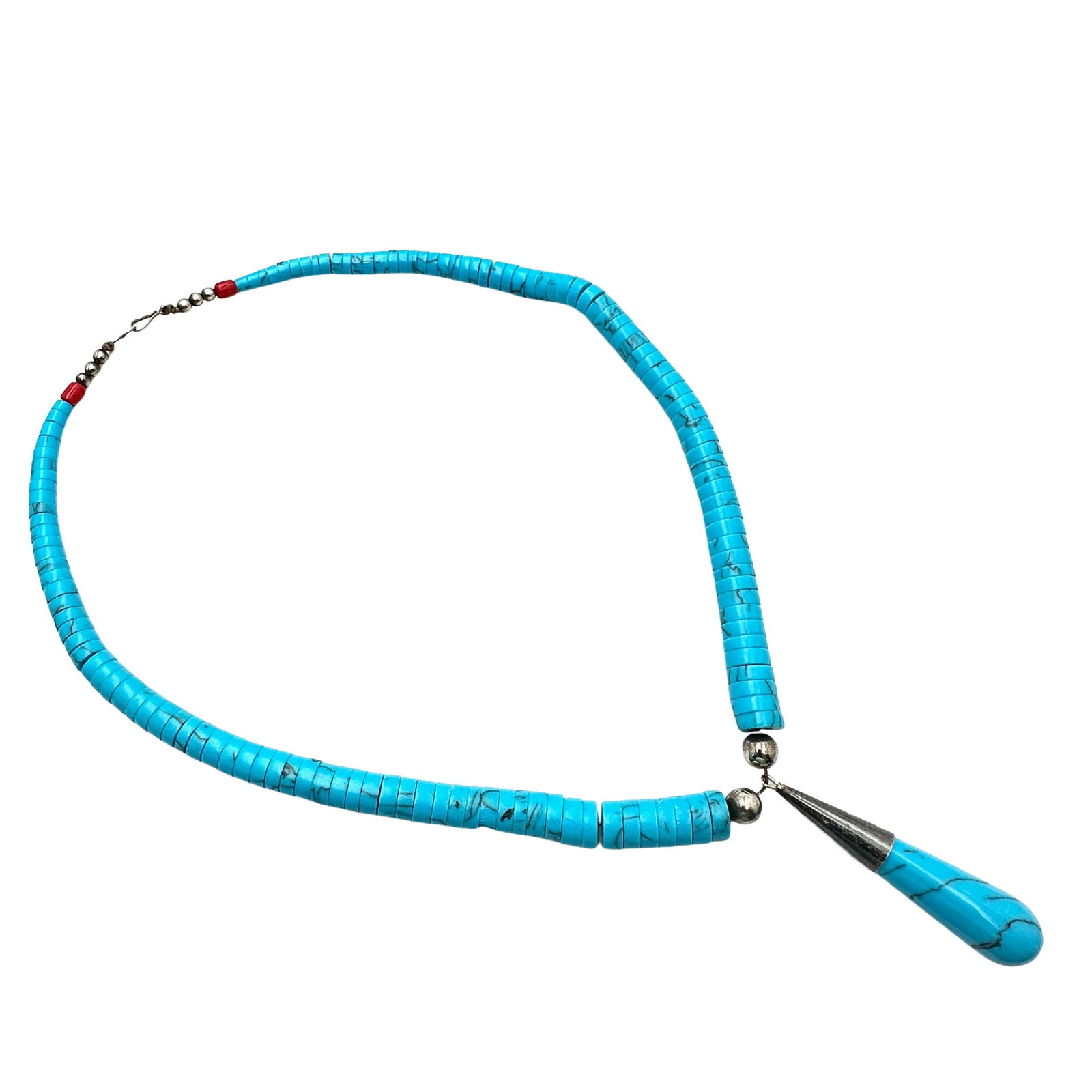 Vintage Native American Blue Turquoise Coral 2 Inch Pendant Necklace 20 Inch Length Sterling Silver (1 of 2)