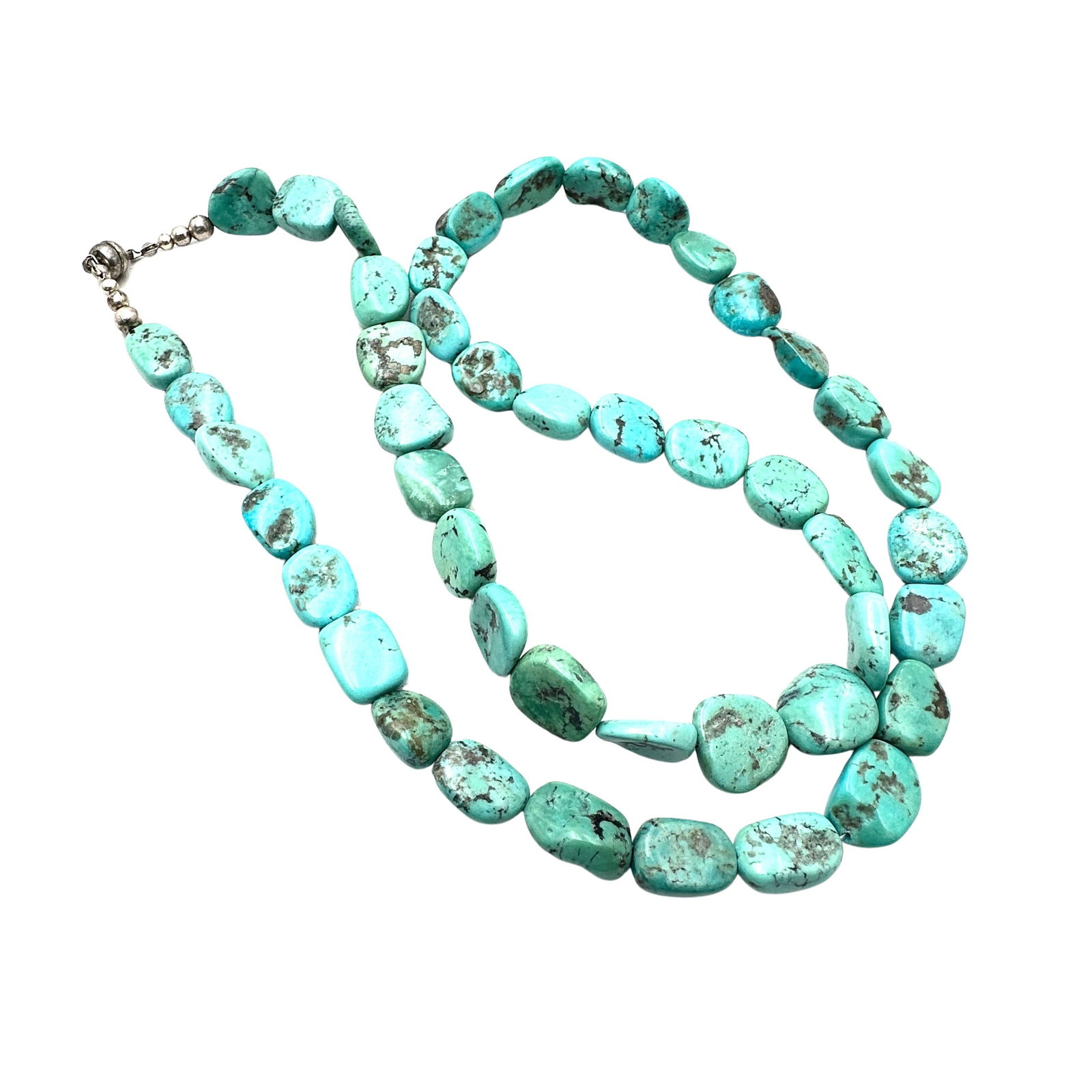 Native American Turquoise Bead Sterling Silver Bench Bead Necklace 26 Inch Length 57 Grams: Native American Turquoise Bead Sterling Silver Bench Bead Necklace 26 Inch Length 57 Grams