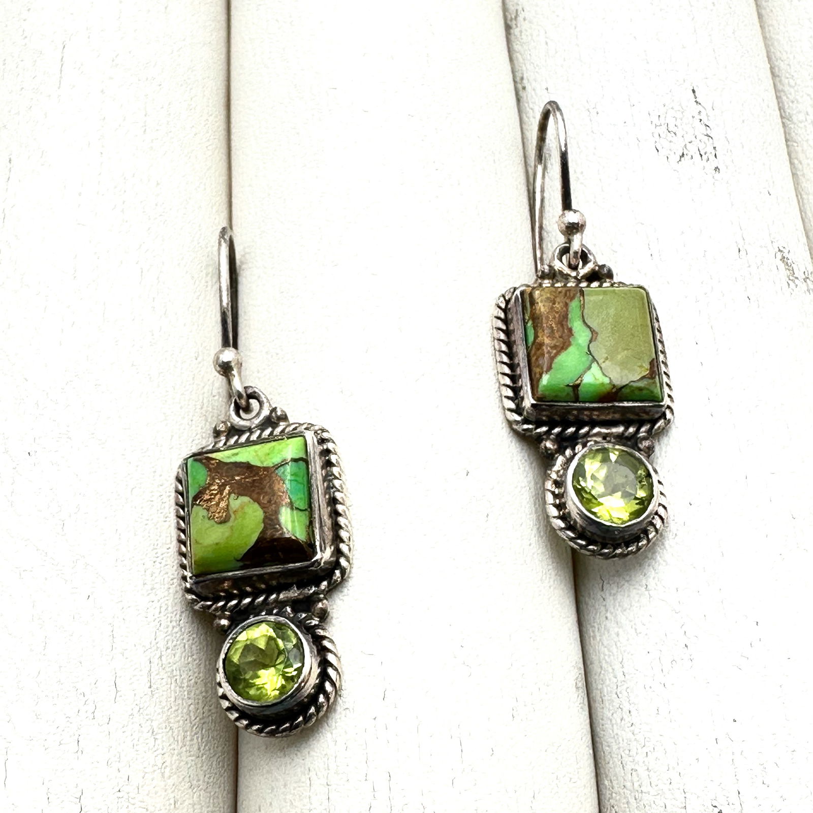 Green Turquoise and Peridot Silver Pierced Earrings 1.25 Inch: Green Turquoise and Peridot Silver Pierced Earrings 1.25 Inch
