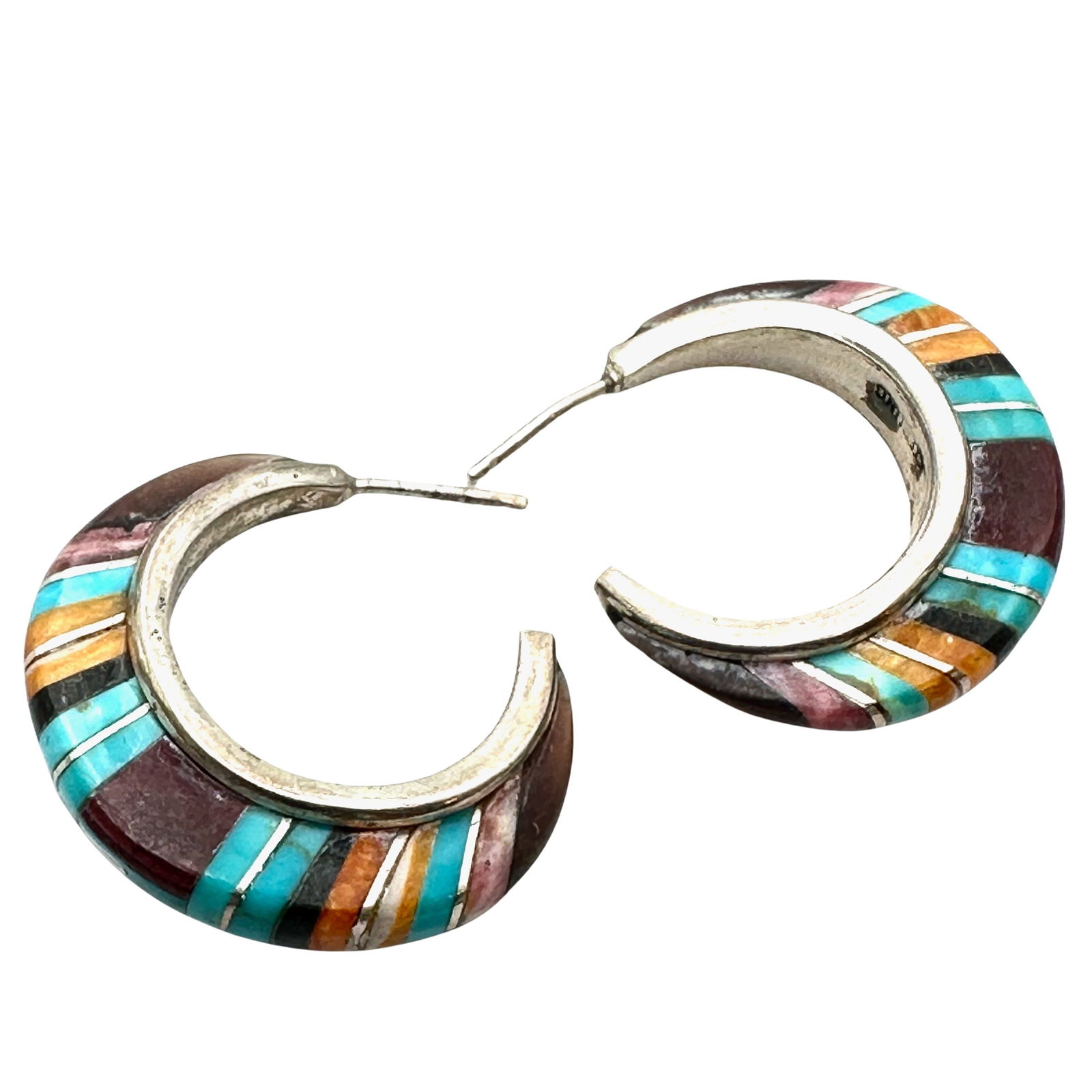 Native American Multi Gemstone Sterling Silver 1 Inch Hoop Pierced Earrings 8.9 Grams (1 of 2)