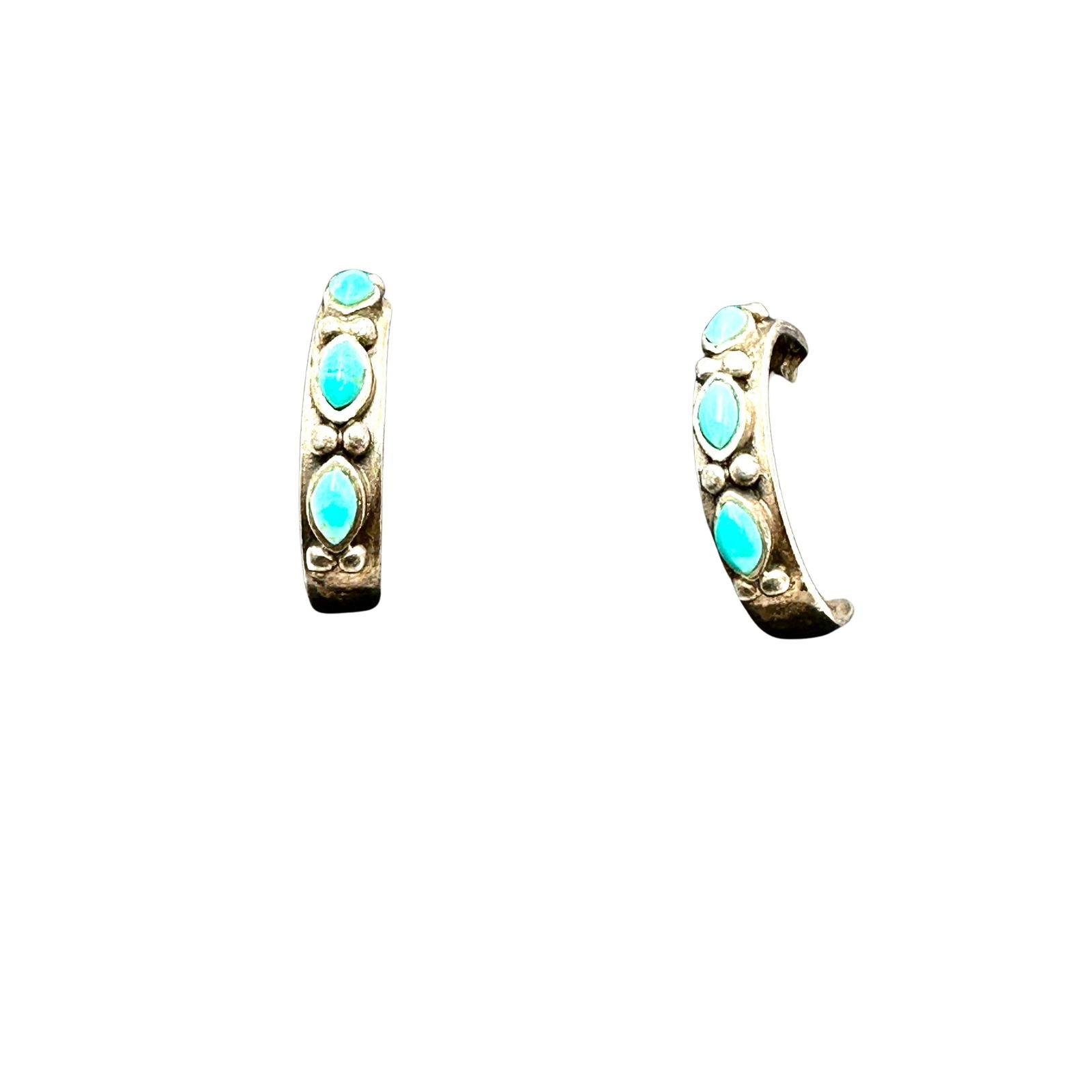 Vintage Native American Turquoise Sterling Silver 3/4 Inch Hoop Pierced Earrings Original Card: Vintage Native American Turquoise Sterling Silver 3/4 Inch Hoop Pierced Earrings Original Card