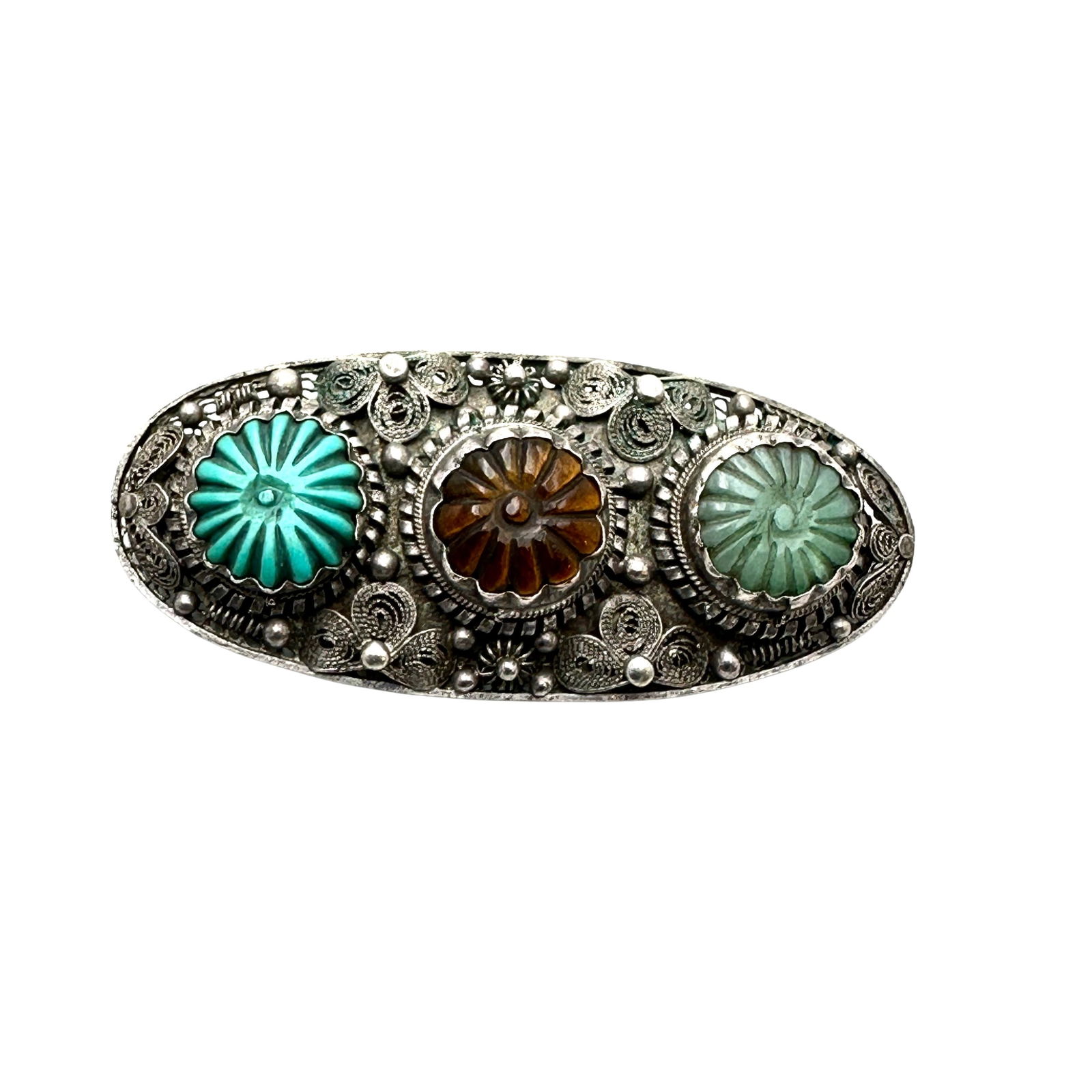 Vintage Turquoise Tigers Eye Filigree Design Brooch Pin 2.25 Inch 8.8 Grams (1 of 2)