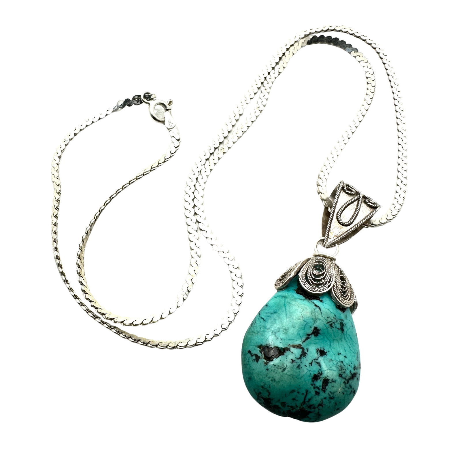 Turquoise Pendant Filigree Setting Sterling Silver Necklace 20 Inch Chain 18 Grams: Turquoise Pendant Filigree Setting Sterling Silver Necklace 20 Inch Chain 18 Grams