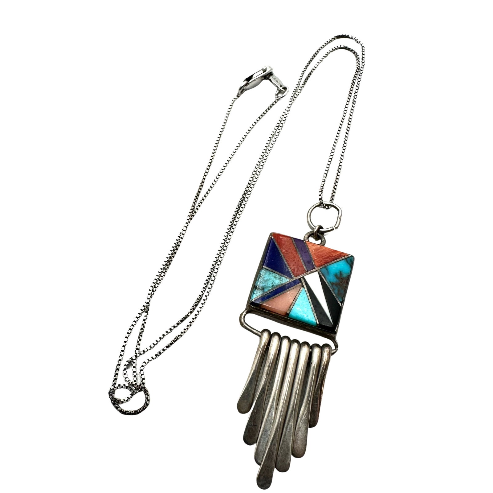 Native American Inlay Gemstone Pendant Sterling Silver Necklace 18 Inch Chain 7.9 Grams: Native American Inlay Gemstone Pendant Sterling Silver Necklace 18 Inch Chain 7.9 Grams