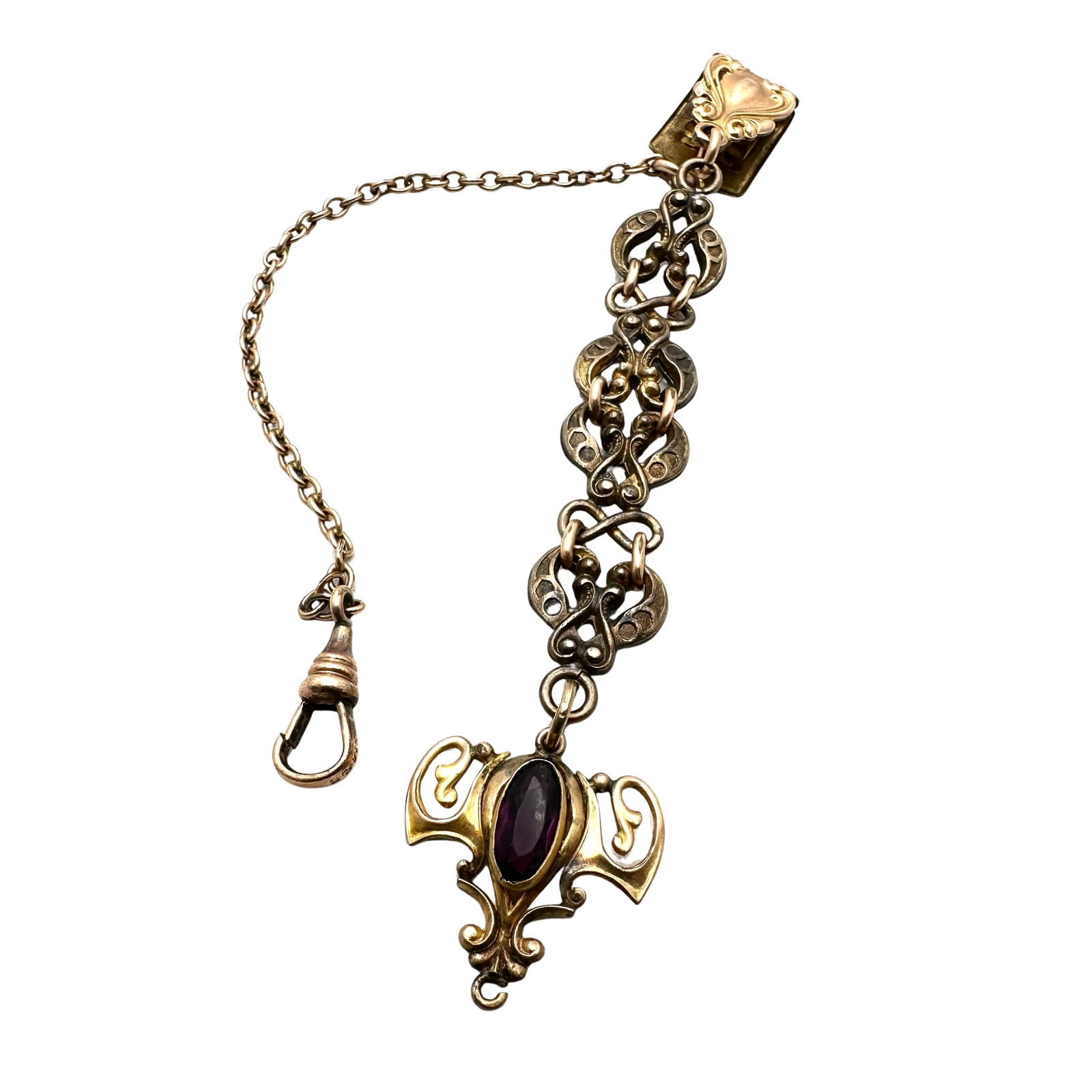 Antique Gold Filled Pocket Watch Chain with Fob With Purple Glass Stone (1 of 2)