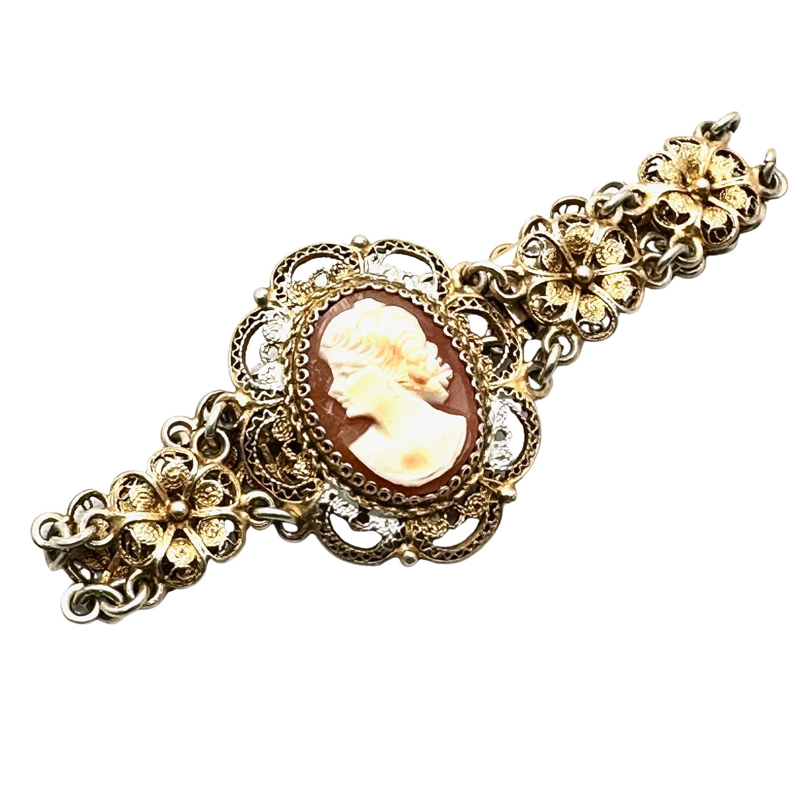 Antique Vintage Gold Filled Cameo Filigree Bracelet Petite Size 5.5 Inch Gold Over 800 Silver (1 of 3)