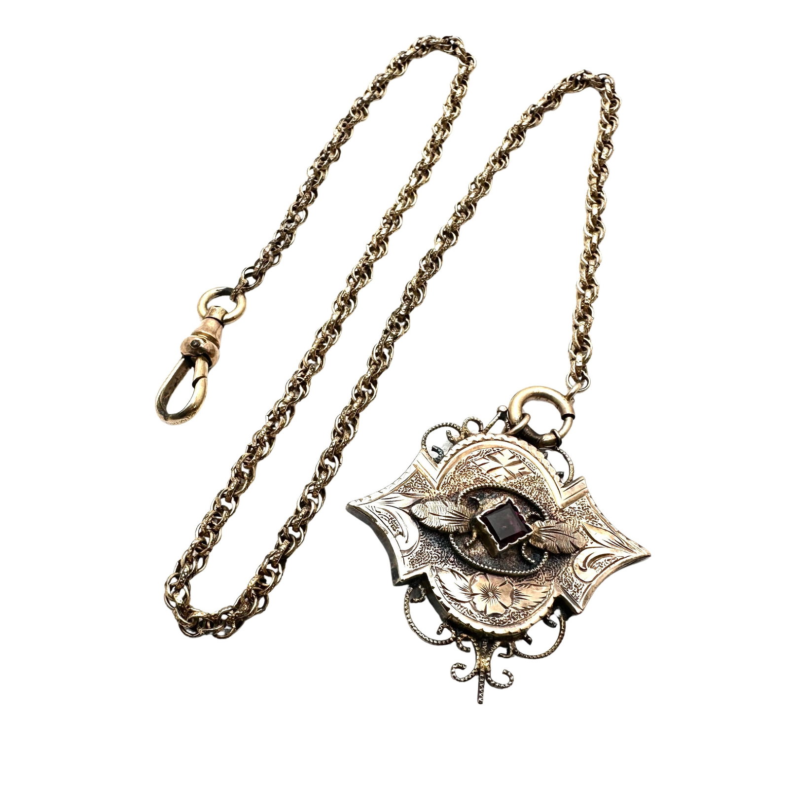 Antique Victorian Gold Filled Watch Chain and Purple Glass Fob Chain 14 Inches: Antique Victorian Gold Filled Watch Chain and Purple Glass Fob Chain 14 Inches