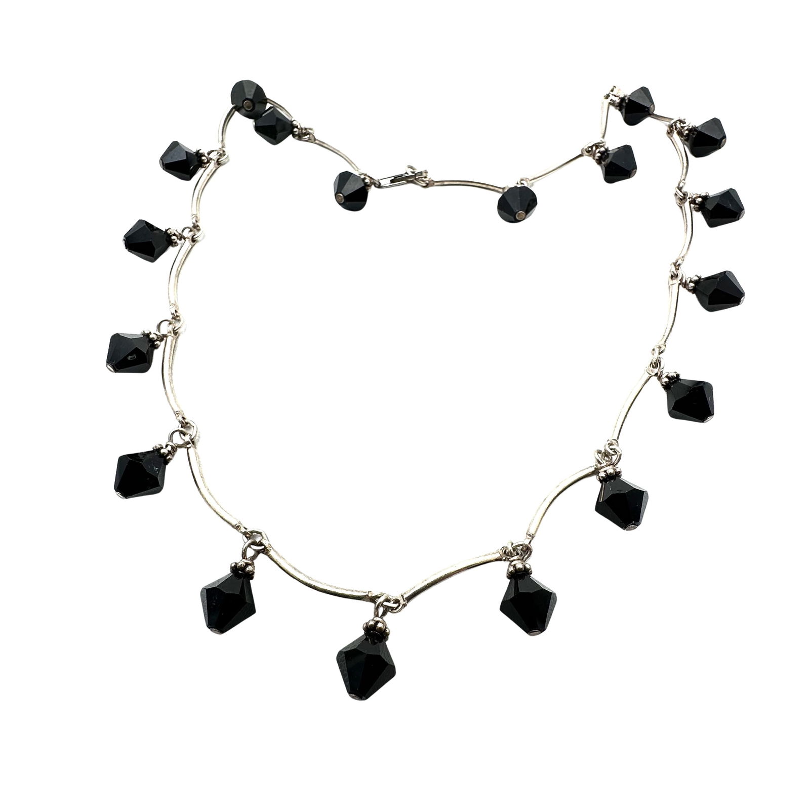 Vintage Sterling Silver Black Glass Bead Choker 15 Inch 21 Grams (1 of 2)