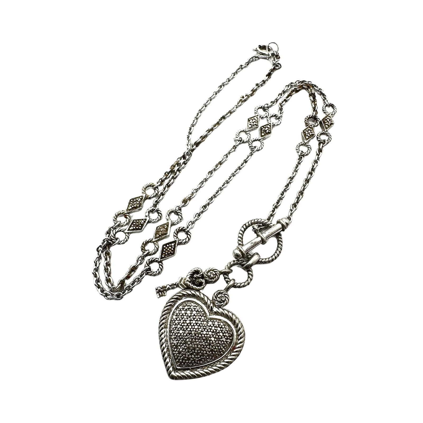 Diamond Sterling Silver Heart Key Pendant Toggle Necklace 18 Inch Chain 11.7 Grams (1 of 2)