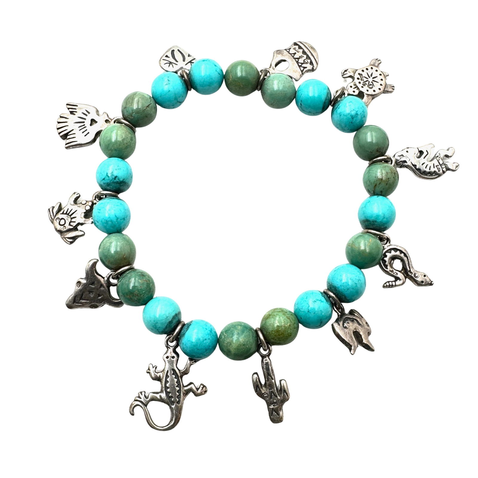 Turquoise Bead Western Sterling Silver Charm Stretch Bracelet (1 of 2)