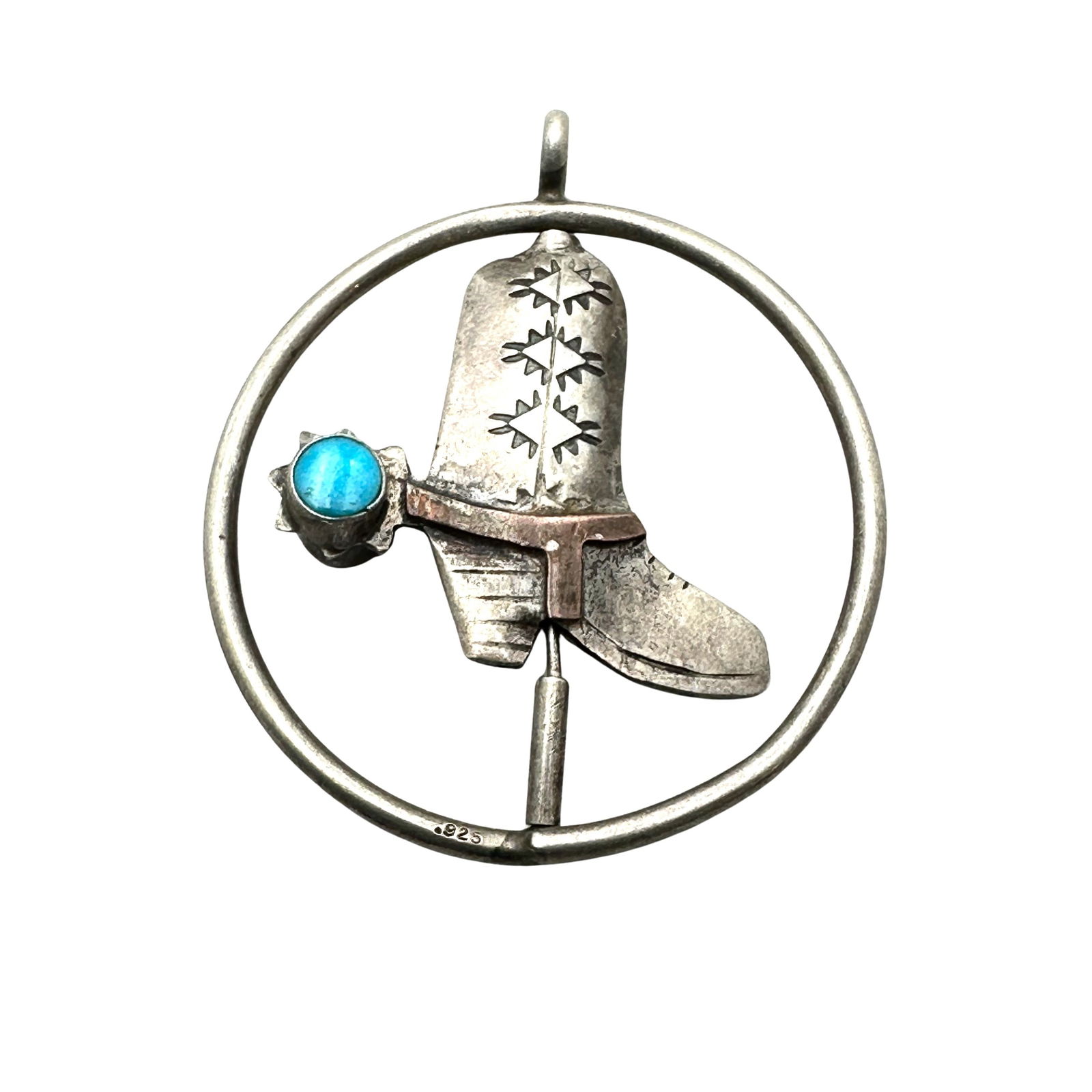 American Southwest Western Spinner Pendant Cowboy Boot Turquoise Red Coral Two Inch 9.9 Grams (1 of 2)