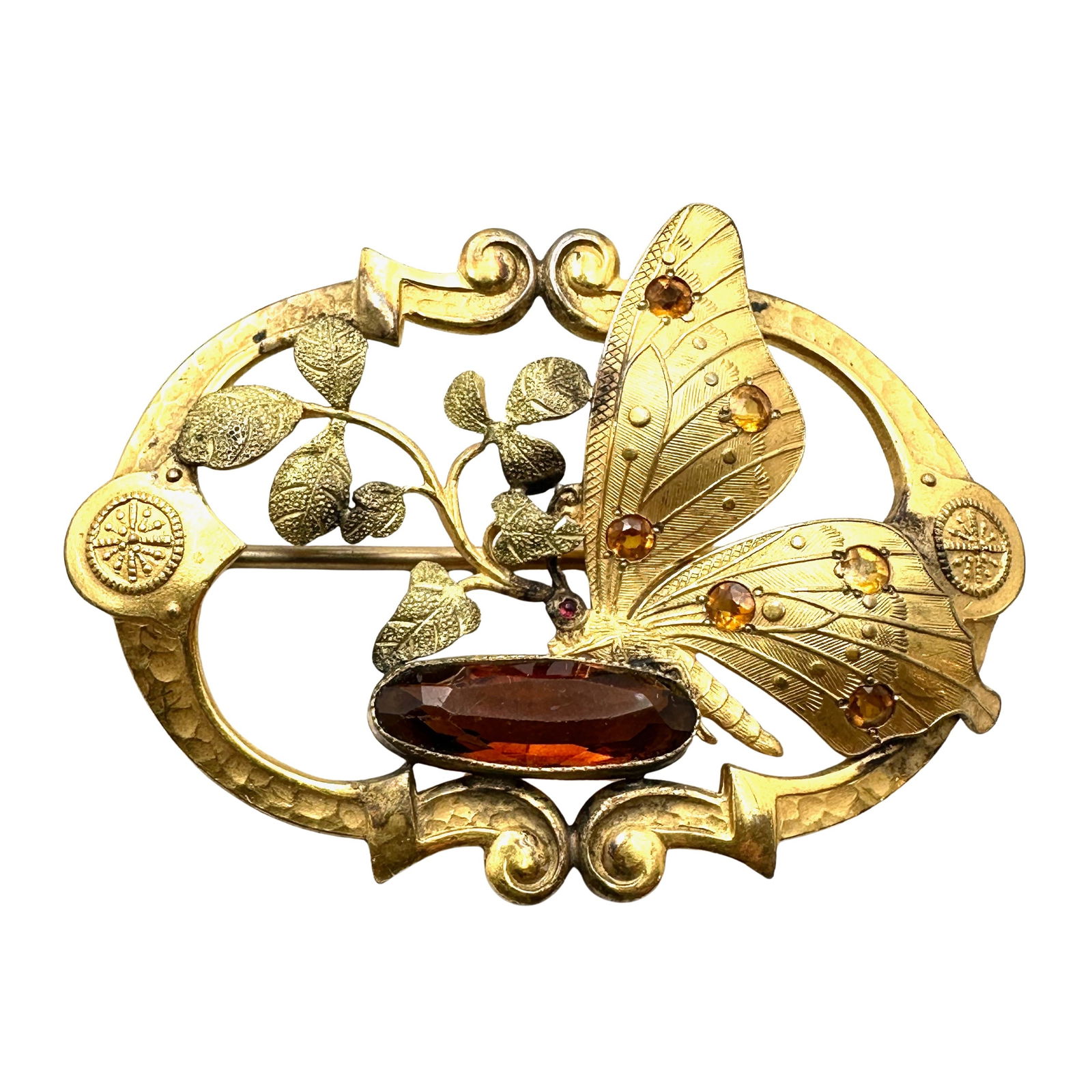Antique Victorian Butterfly Brooch Pin Gold Tone 2.75 Inch Amber Glass Stones (1 of 2)