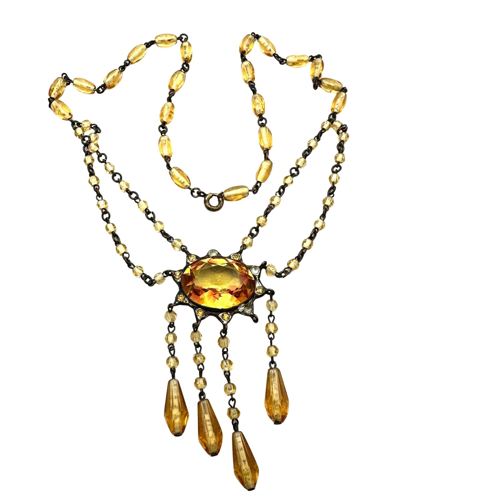 Antique Art Deco Amber Colored Czech Glass Necklace Missing Stones Selling As Is: Antique Art Deco Amber Colored Czech Glass Necklace Missing Stones Selling As Is