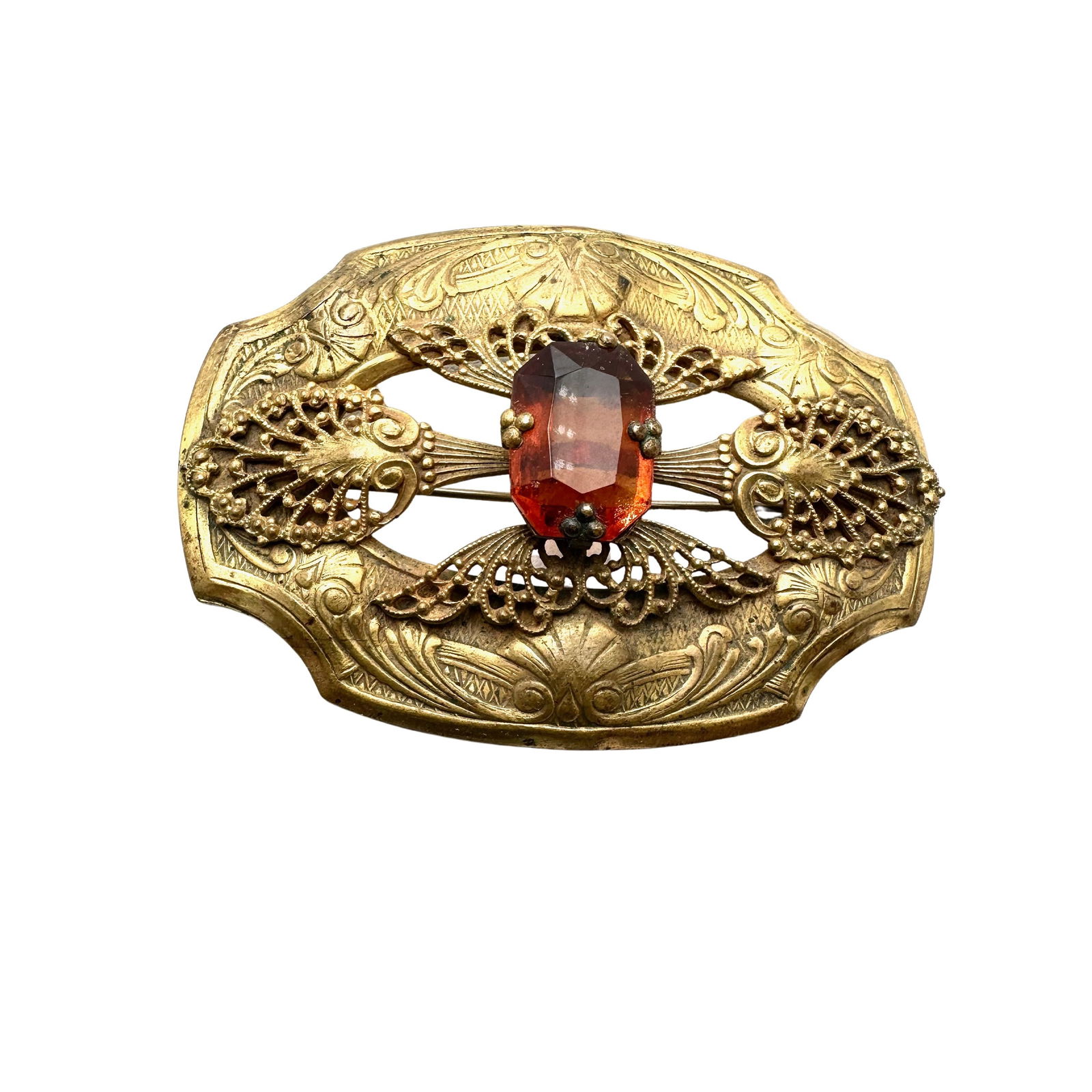 Antique Victorian Orange Glass Stone Art Nouveau Design Brooch Pin 3 Inch: Antique Victorian Orange Glass Stone Art Nouveau Design Brooch Pin 3 Inch