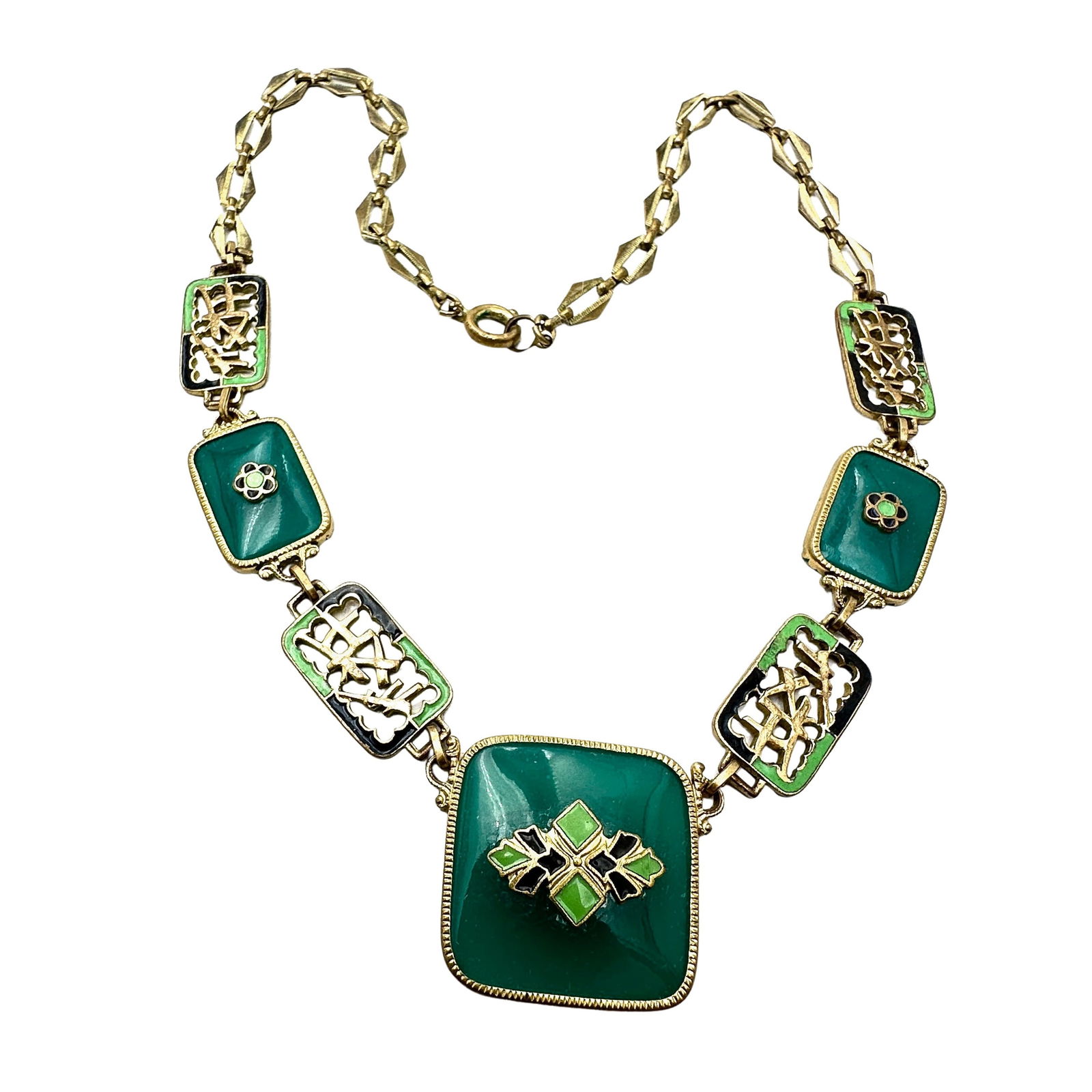 Antique Art Deco Green Czech Glass Enamel Gold Tone Necklace 16 Inch: Antique Art Deco Green Czech Glass Enamel Gold Tone Necklace 16 Inch