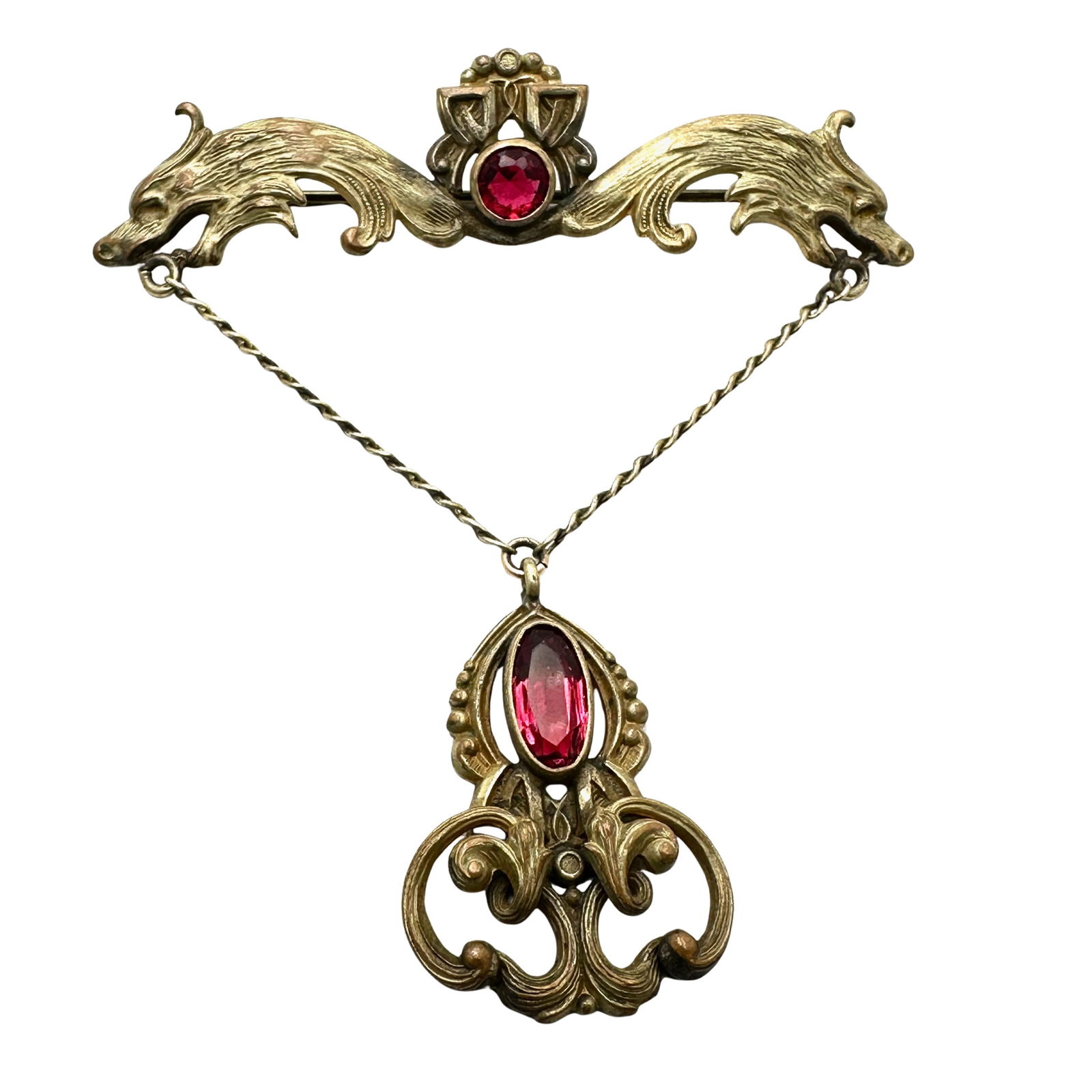 Antique Victorian Dark Pink Glass Stone Dragon Design Art Nouveau Brooch Pin 3 Inch: Antique Victorian Dark Pink Glass Stone Dragon Design Art Nouveau Brooch Pin 3 Inch