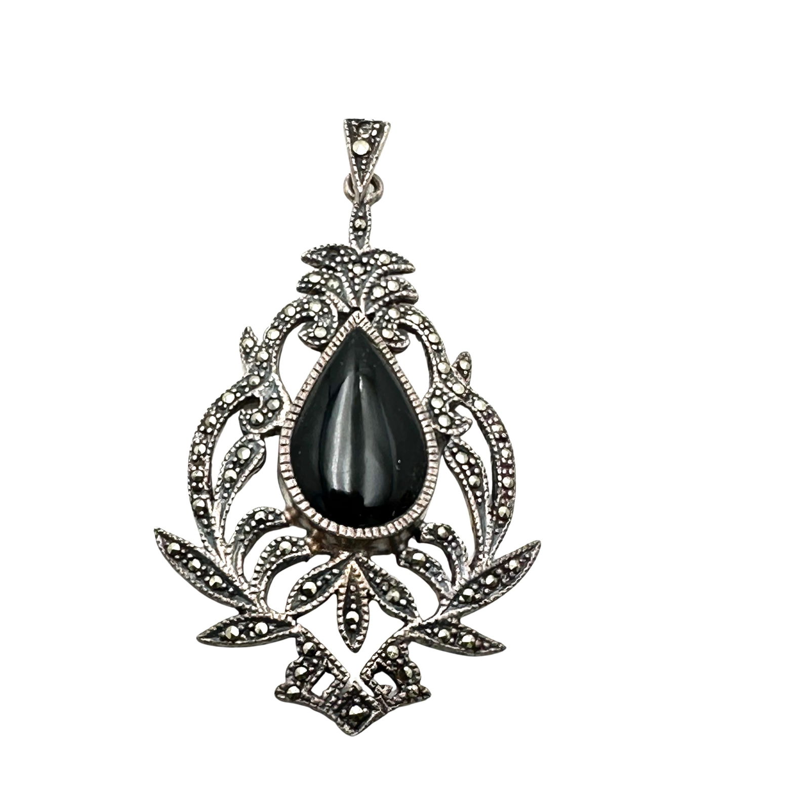 Vintage Black Onyx and Marcasite Sterling Silver 2 Inch Pendant: Vintage Black Onyx and Marcasite Sterling Silver 2 Inch Pendant