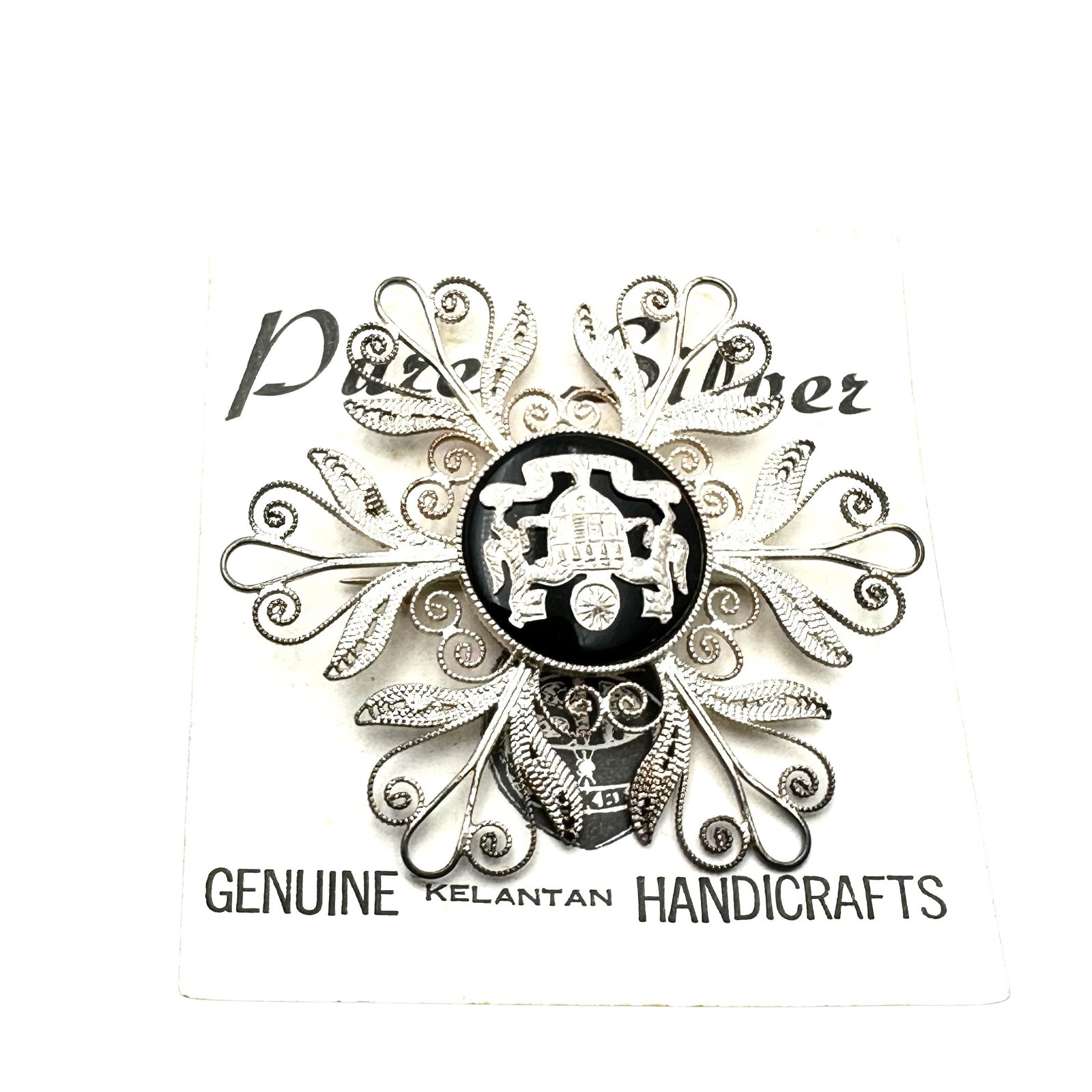 Vintage Kelantan Pure Silver Brooch Pin on Original Card: Vintage Kelantan Pure Silver Brooch Pin on Original Card