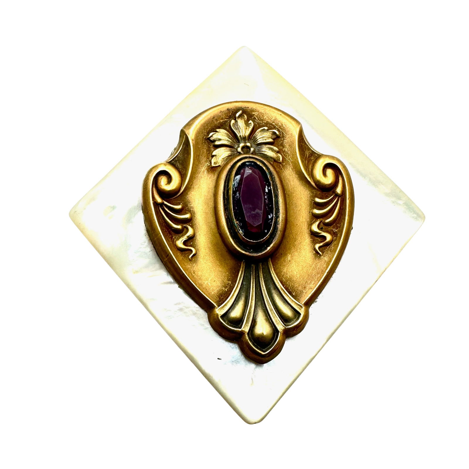 Antique Victorian Mother of Pearl Gold Filled Purple Glass Stone Brooch Pin 2.5 Inch: Antique Victorian Mother of Pearl Gold Filled Purple Glass Stone Brooch Pin 2.5 Inch