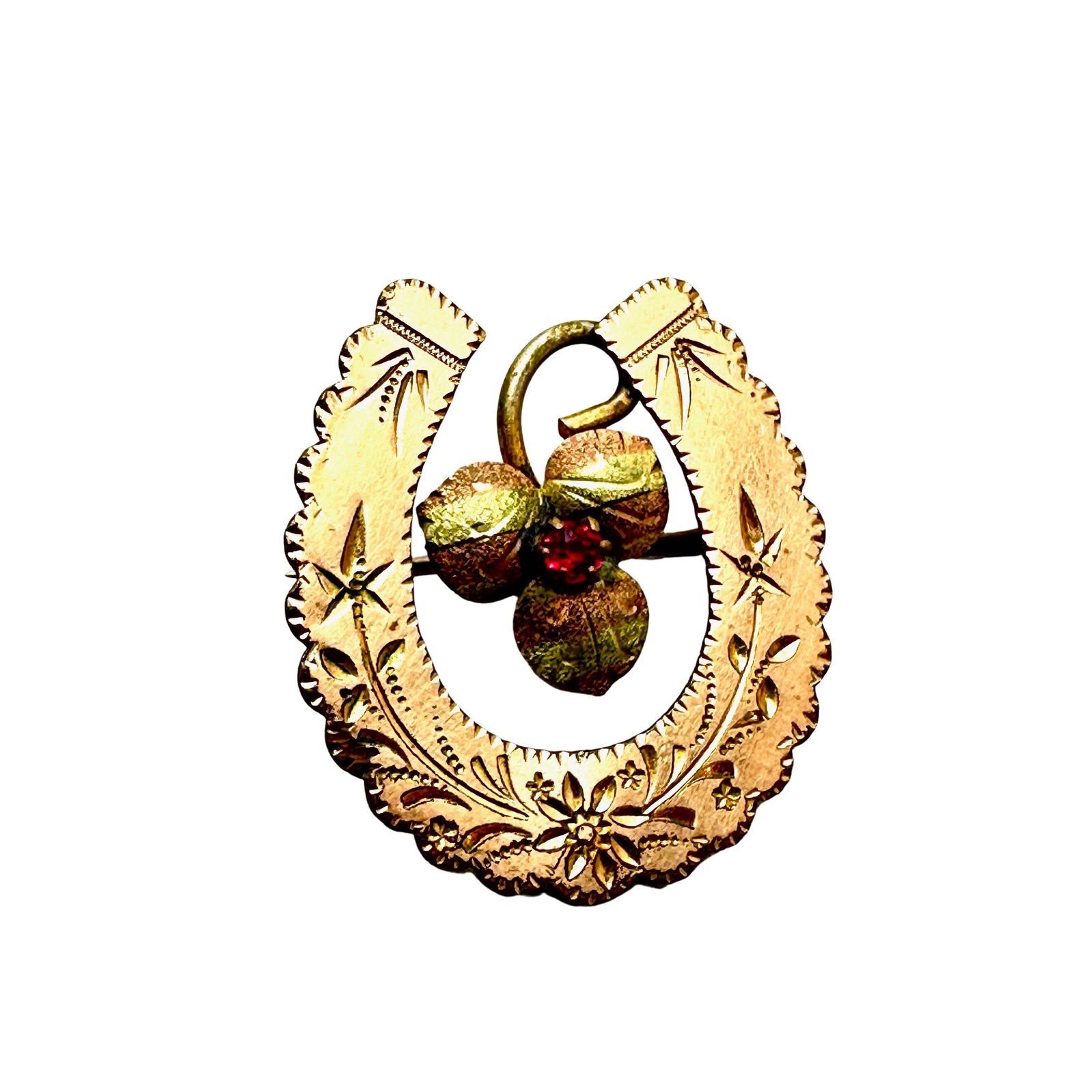 Antique Victorian Red Stone Gold Filled Horse Shoe Clover Brooch Pin 1.25 Inch: Antique Victorian Red Stone Gold Filled Horse Shoe Clover Brooch Pin 1.25 Inch