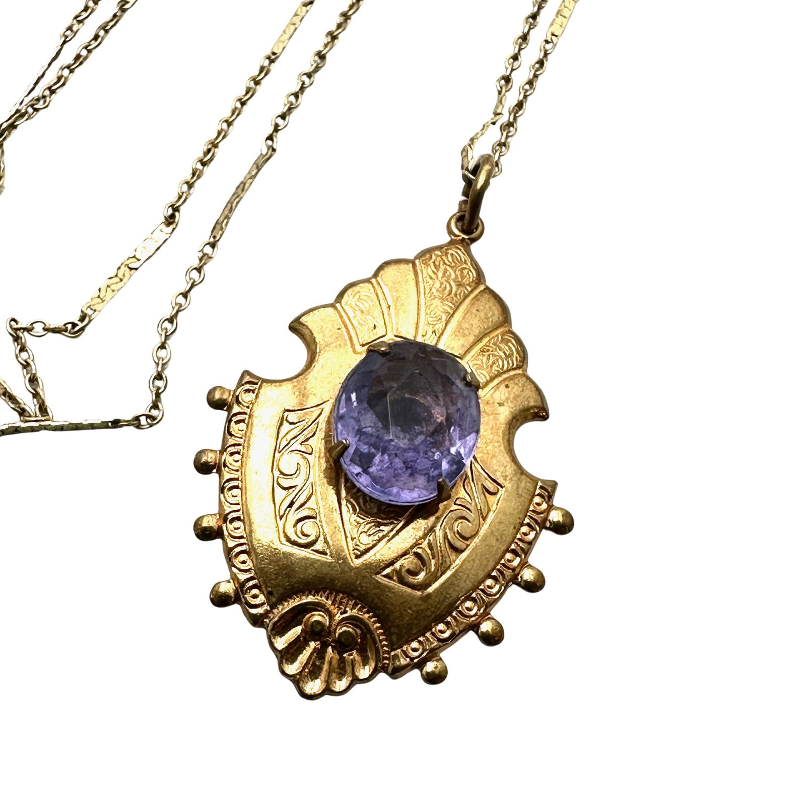 Antique Victorian Purple Glass Stone Gold Filled Pendant Necklace 15 Inch Chain: Antique Victorian Purple Glass Stone Gold Filled Pendant Necklace 15 Inch Chain