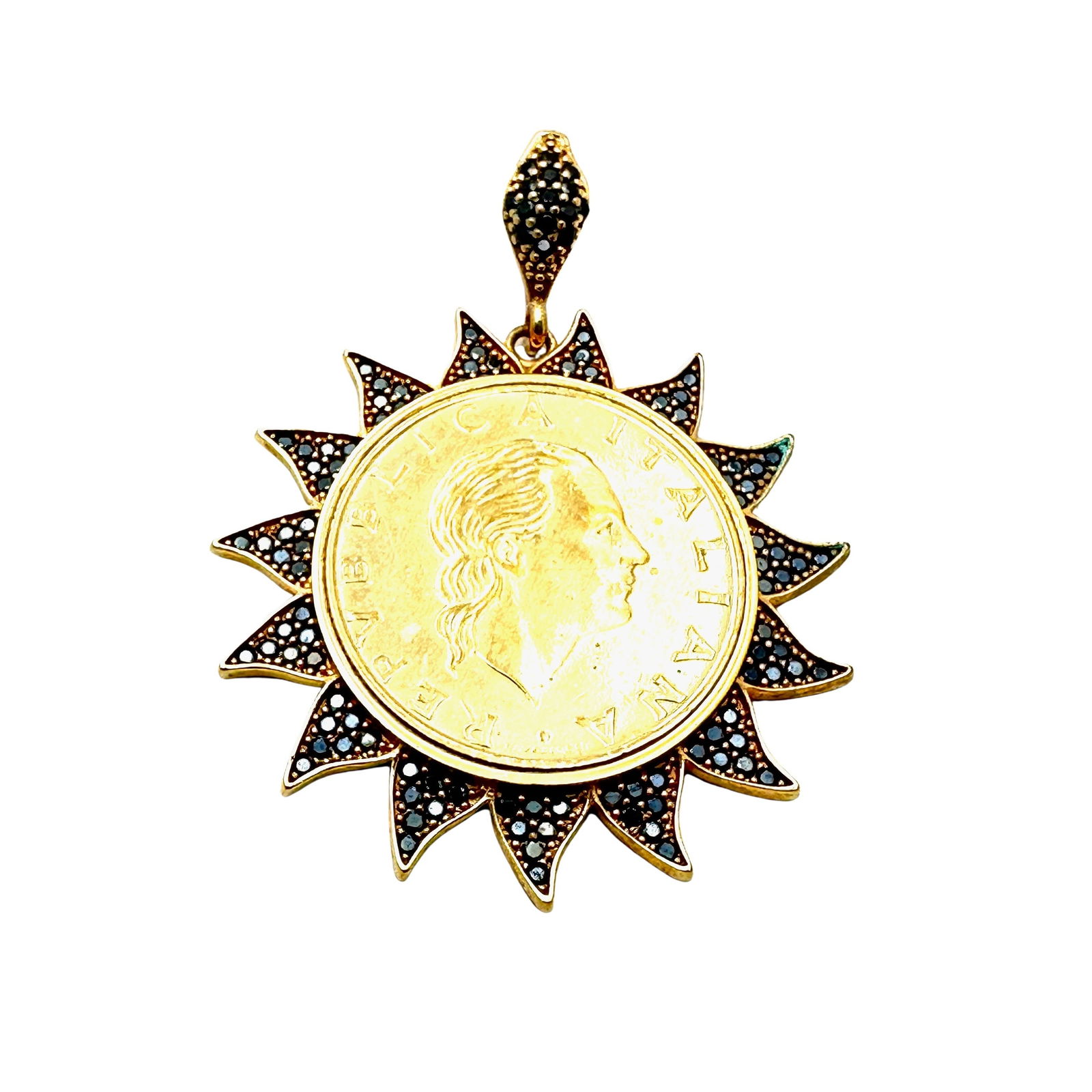 Italy Bellezza Black Spinel Coin 1.5 Inch Pendant 18K Gold Over Bronze: Italy Bellezza Black Spinel Coin 1.5 Inch Pendant 18K Gold Over Bronze