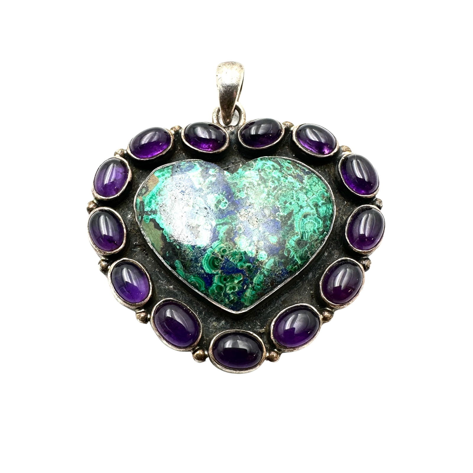Purple Amethyst Green Gemstone Sterling Silver Large Heart Pendant 2 Inch 20 Grams (1 of 2)