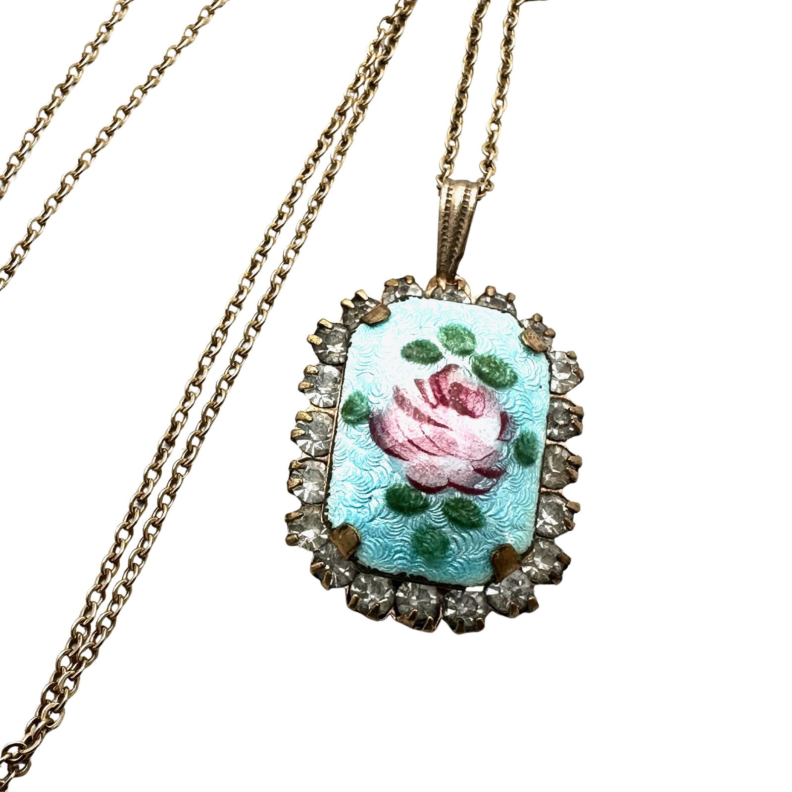 Antique Victorian Gold Filled Chain 17 Inch Guilloche Enamel Pendant: Antique Victorian Gold Filled Chain 17 Inch Guilloche Enamel Pendant