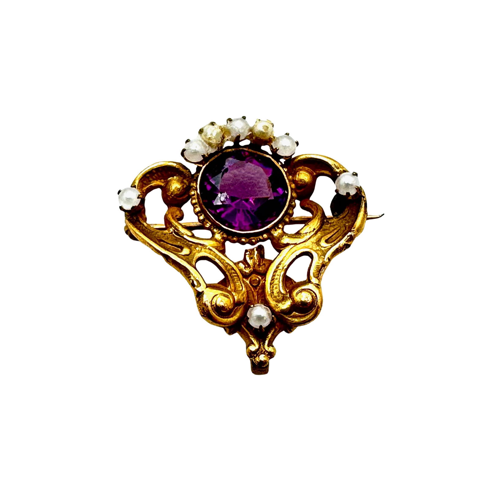 Antique Victorian Art Nouveau Gold Filled Purple Stone Pearl Brooch Pin 1.25 Inch: Antique Victorian Art Nouveau Gold Filled Purple Stone Pearl Brooch Pin 1.25 Inch
