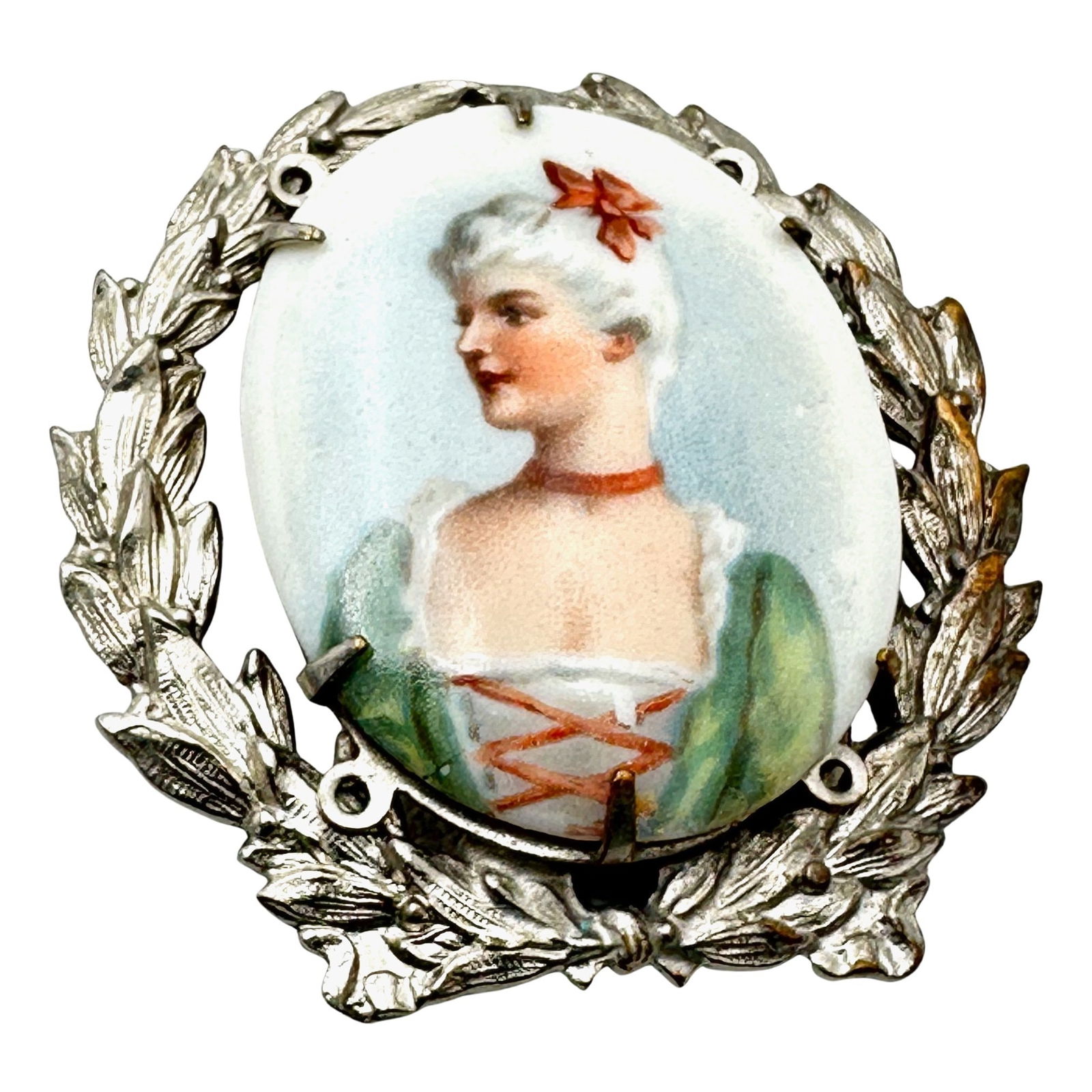 Antique Ceramic Portrait Slide Pendant Silver Tone For Velvet Choker Necklace (1 of 2)
