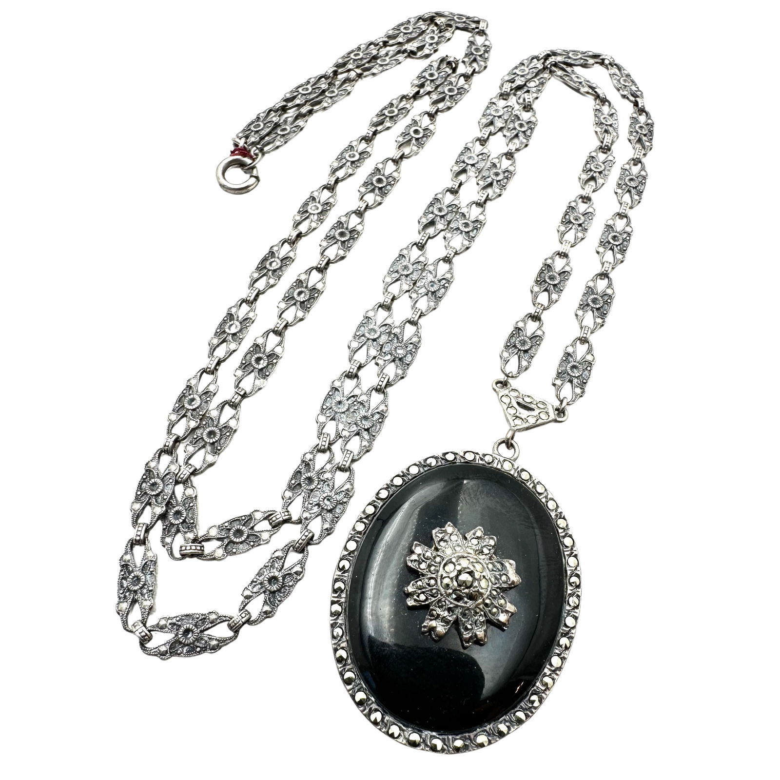 Antique Marcasite Sterling Silver Picture Locket Pendant Ornate Chain 30 Inches 32 Grams (1 of 3)