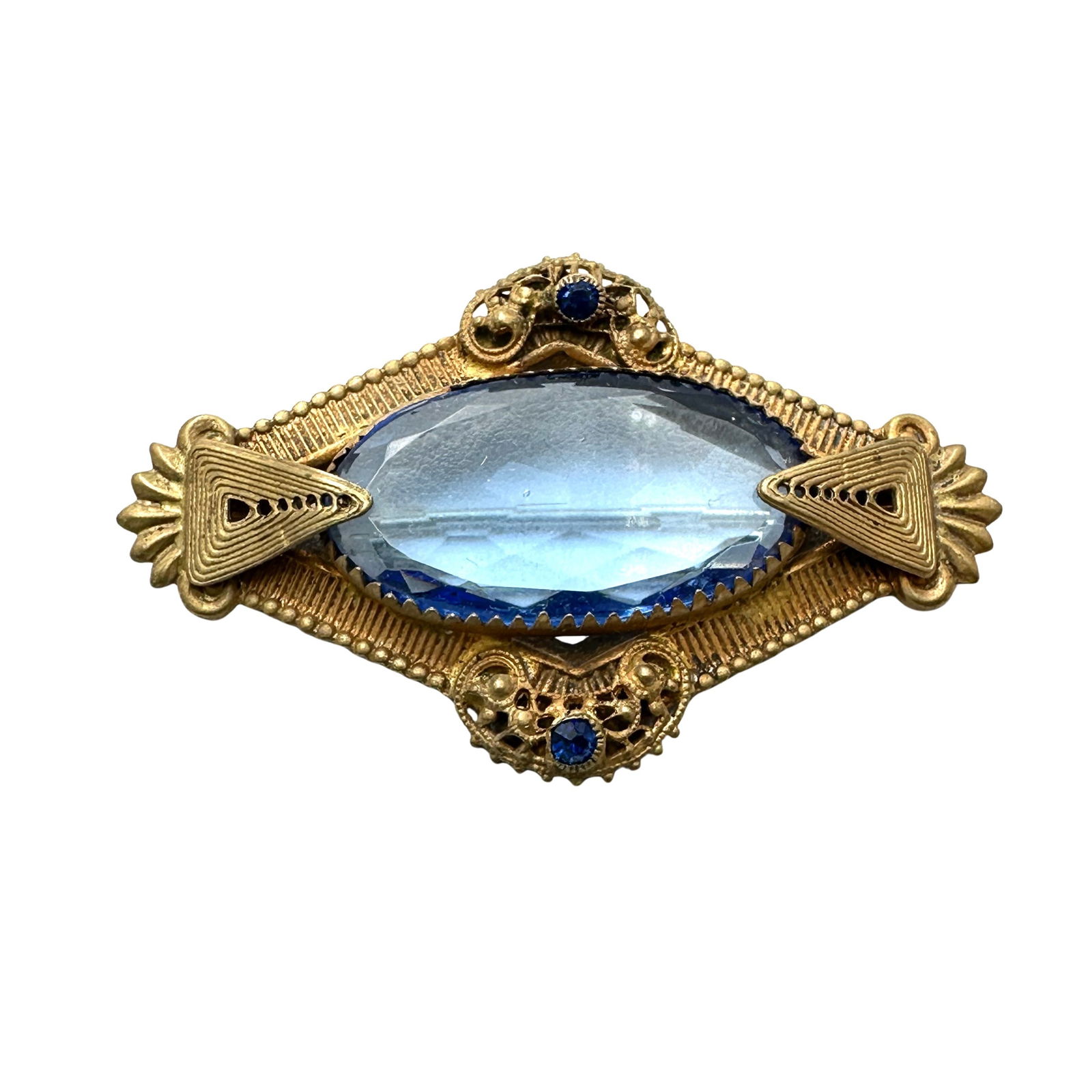 Antique Victorian Blue Glass Stone Gold Tone Brooch Pin 2.5 Inch: Antique Victorian Blue Glass Stone Gold Tone Brooch Pin 2.5 Inch