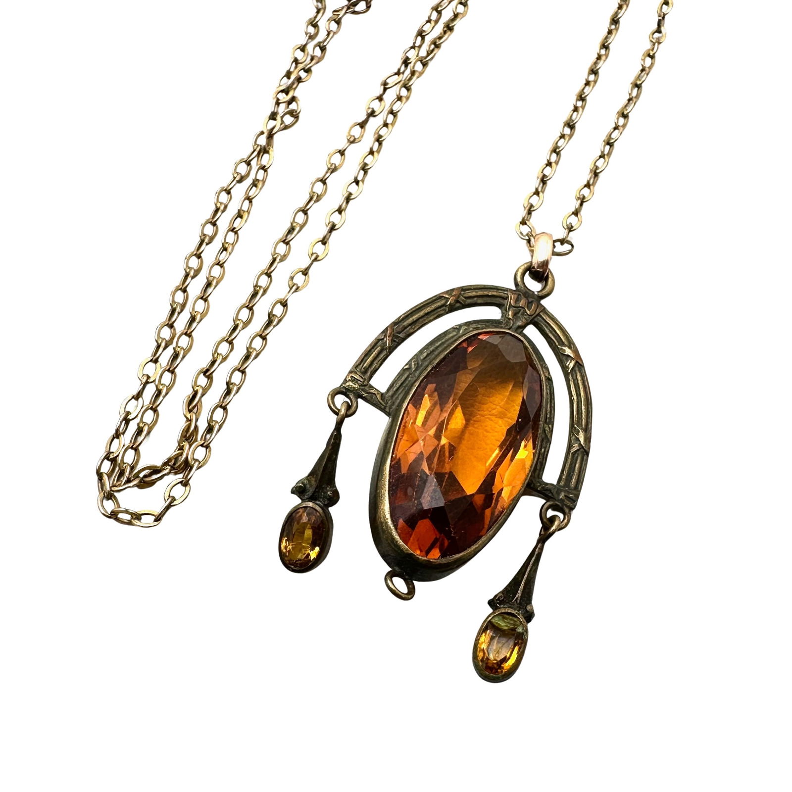 Antique Art Deco Orange Czech Glass Pendant Necklace 17 Inch Chain: Antique Art Deco Orange Czech Glass Pendant Necklace 17 Inch Chain