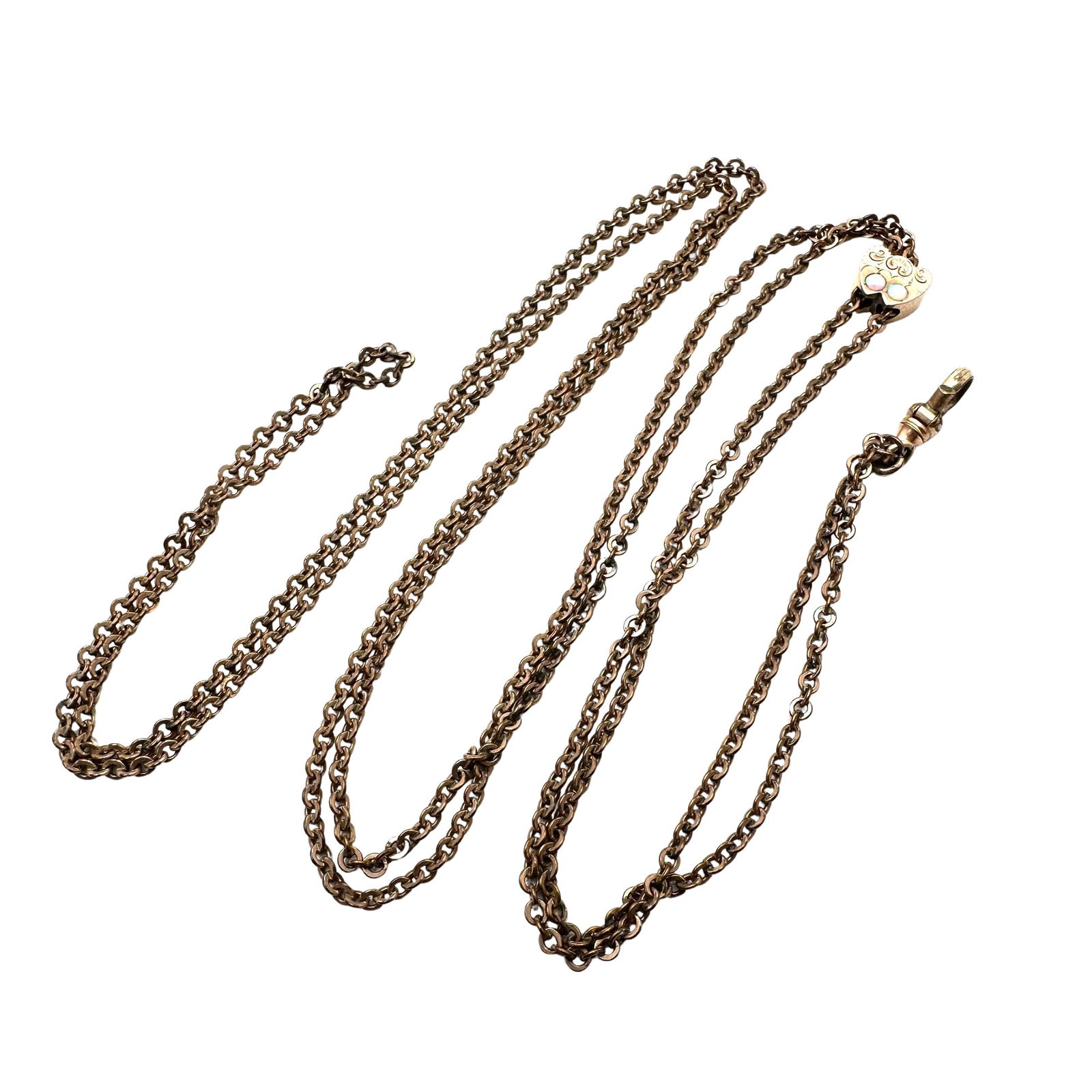Antique Victorian Gold Filled Pocket Watch Chain with Heart Opal Slide 24 Inch (1 of 2)