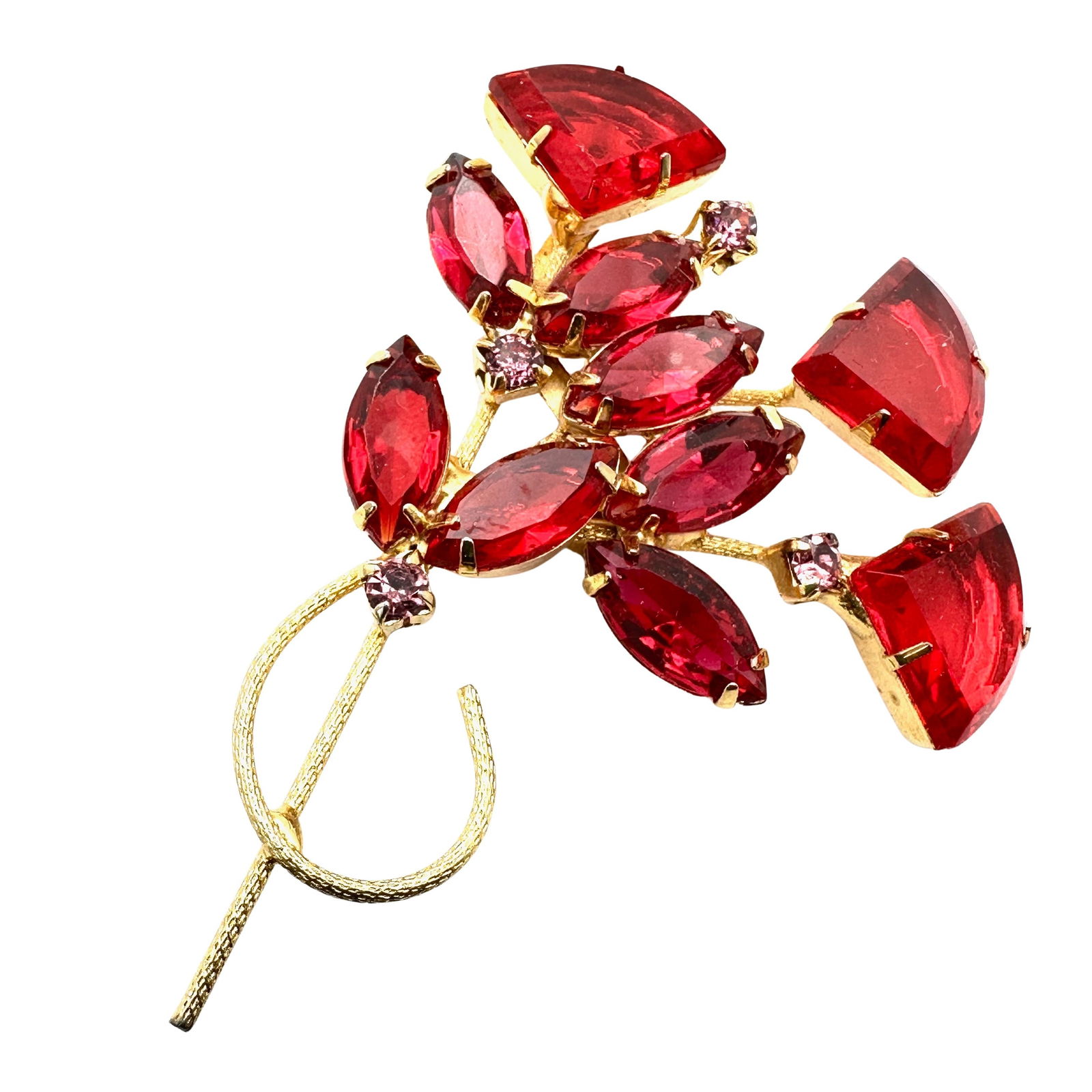 Vintage Red Glass Rhinestone Gold Tone Flower Brooches Pins 3 Inch (1 of 2)