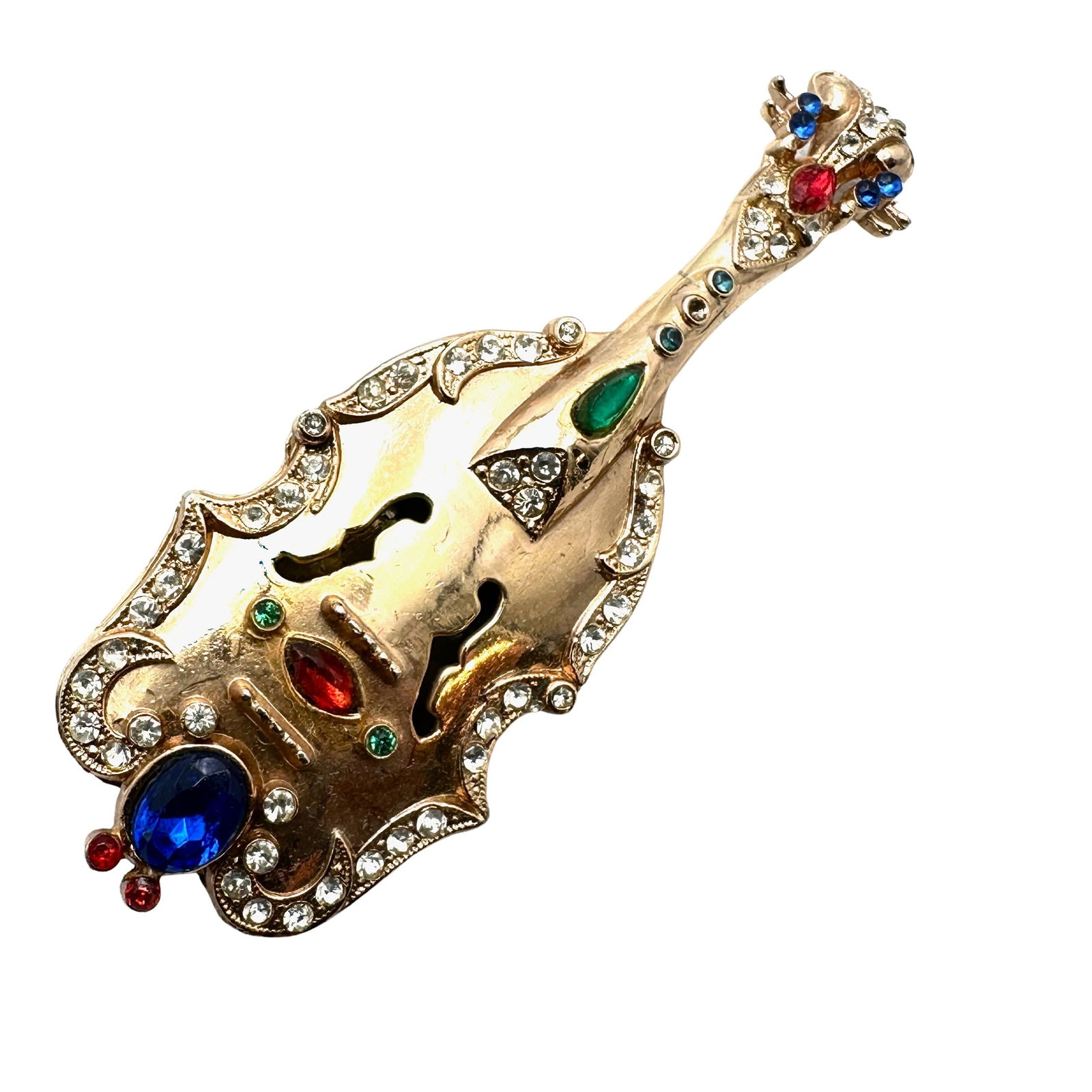 Vintage Unsigned Coro Jewel Tone Glass Rhinestone Gold Tone Violin Brooch Pin 3 Inch (1 of 2)