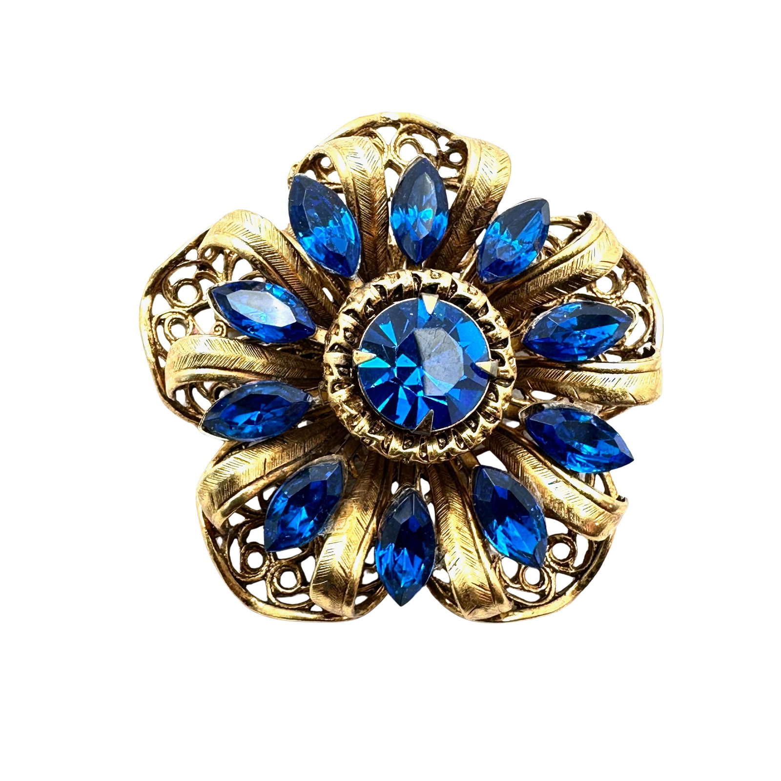 Vintage Cobalt Blue Glass Rhinestone Gold Tone Flower Brooch Pin 2 Inch: Vintage Cobalt Blue Glass Rhinestone Gold Tone Flower Brooch Pin 2 Inch