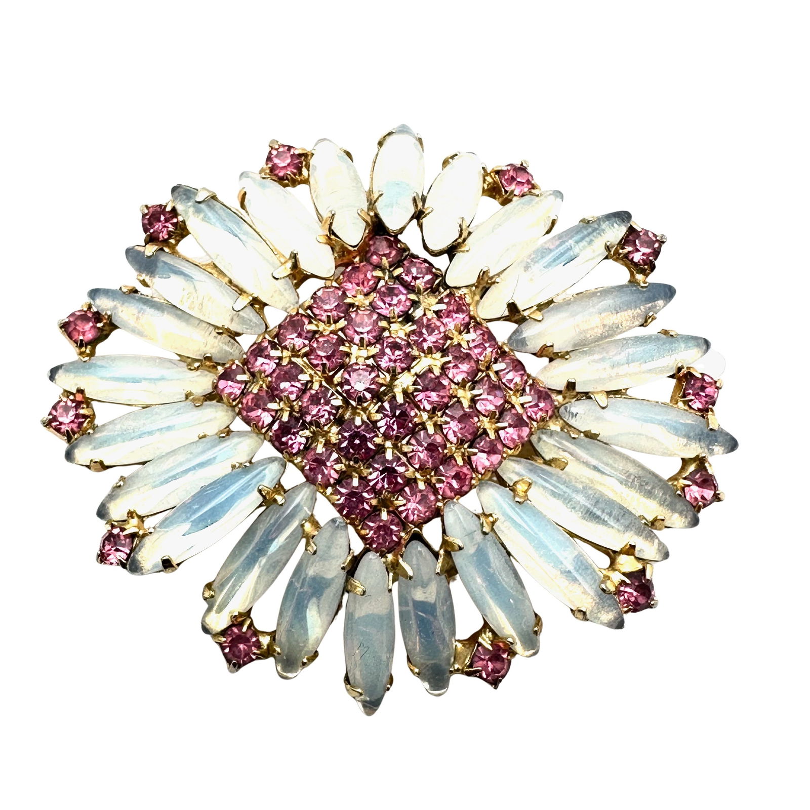 Vintage Juliana? Pink and Opal Glass Rhinestone Gold Tone Brooch Pin 2.5 Inch (1 of 2)