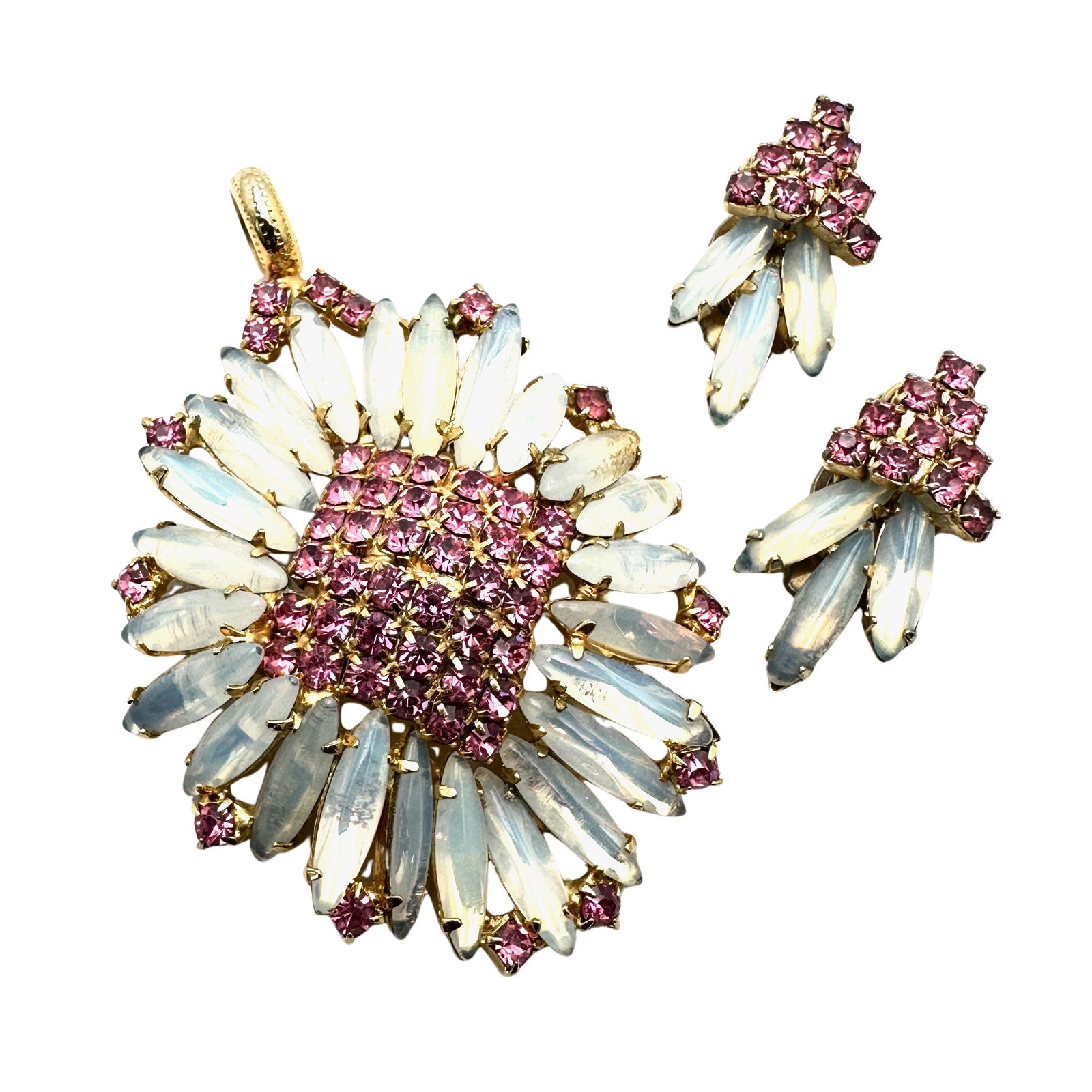 Vintage Juliana? Pink and Opal Glass Rhinestone Gold Tone Pendant 2.5 Inch and Clip Earrings: Vintage Juliana? Pink and Opal Glass Rhinestone Gold Tone Pendant 2.5 Inch and Clip Earrings