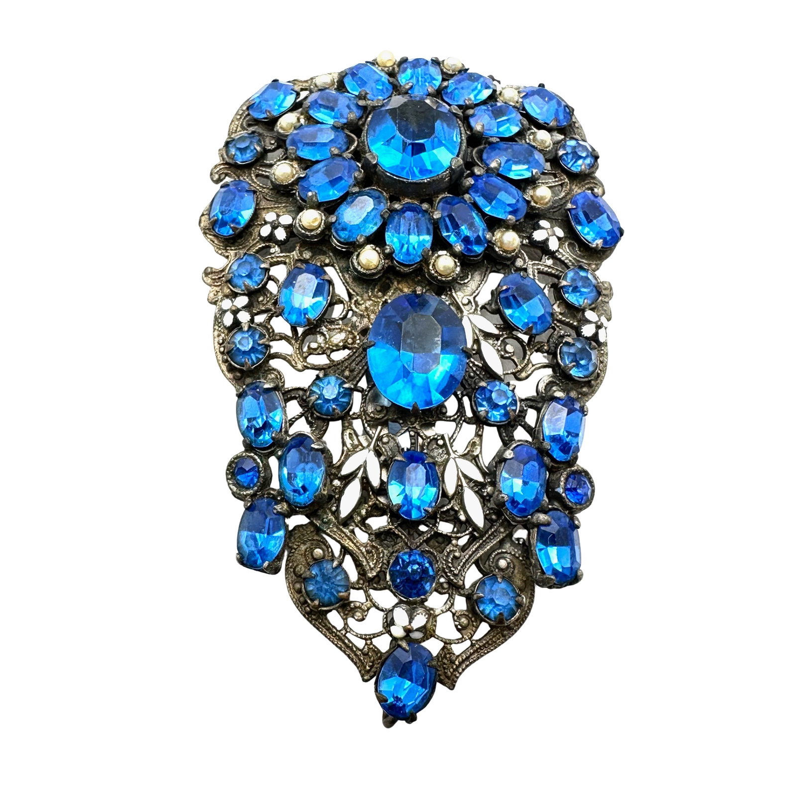 Antique Stunning Blue Glass Rhinestone Fur Clip or Pendant (Hook at Bottom) 3 Inch Silver Tone: Antique Stunning Blue Glass Rhinestone Fur Clip or Pendant (Hook at Bottom) 3 Inch Silver Tone