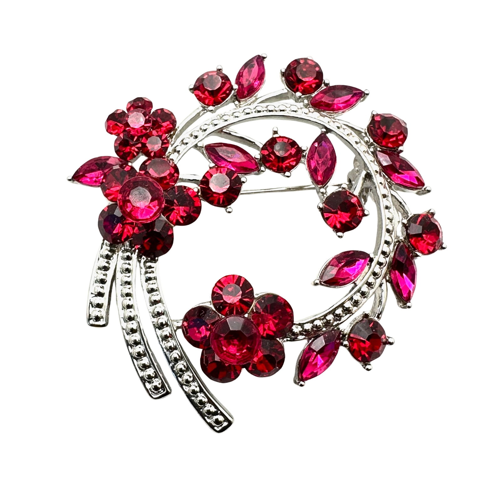 Vintage Pink and Red Glass Rhinestone Silver Tone Brooch Pin 2 Inch: Vintage Pink and Red Glass Rhinestone Silver Tone Brooch Pin 2 Inch