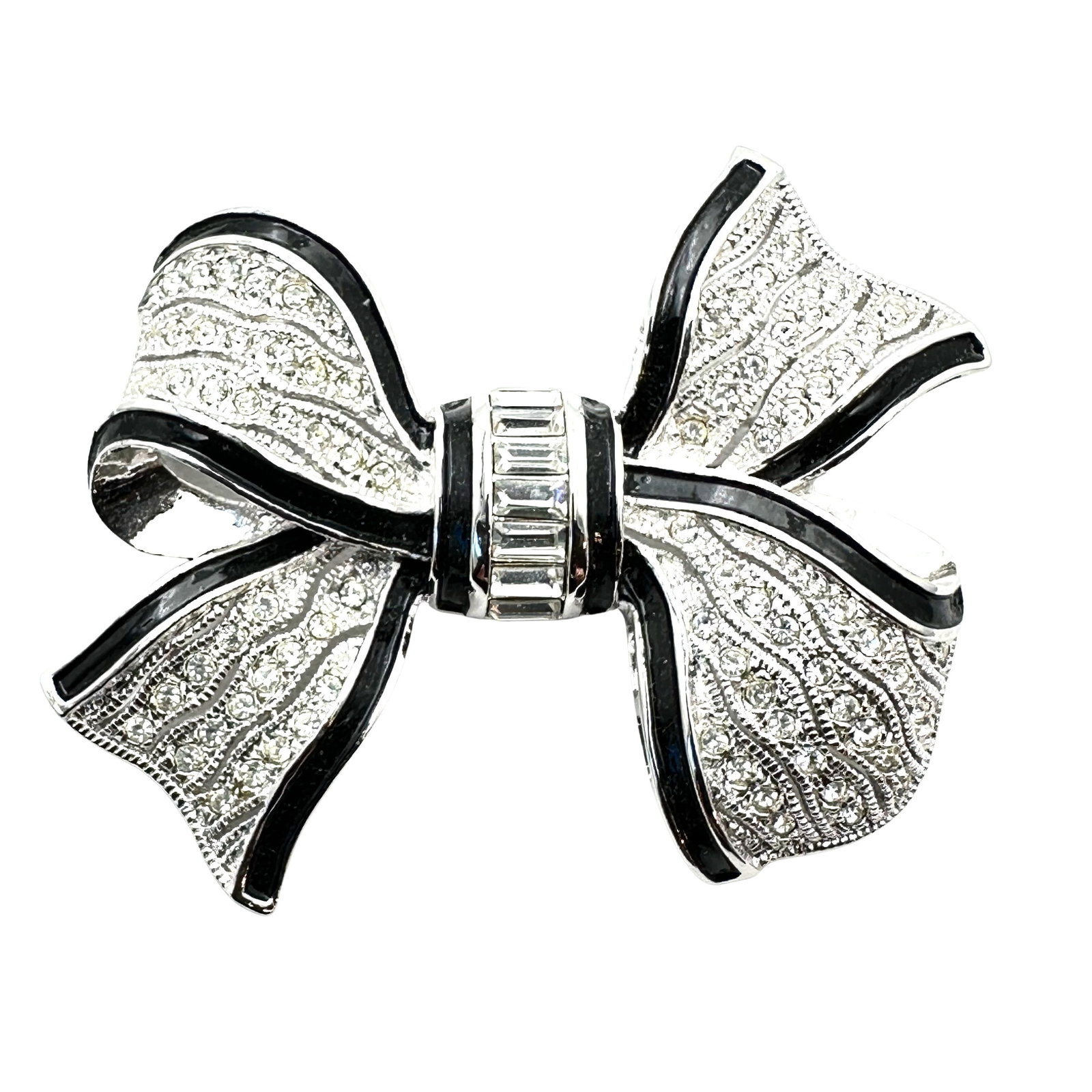 Vintage Black Enamel Clear Glass Rhinestone Silver Tone Bow Brooch Pin 2.5 Inch: Vintage Black Enamel Clear Glass Rhinestone Silver Tone Bow Brooch Pin 2.5 Inch